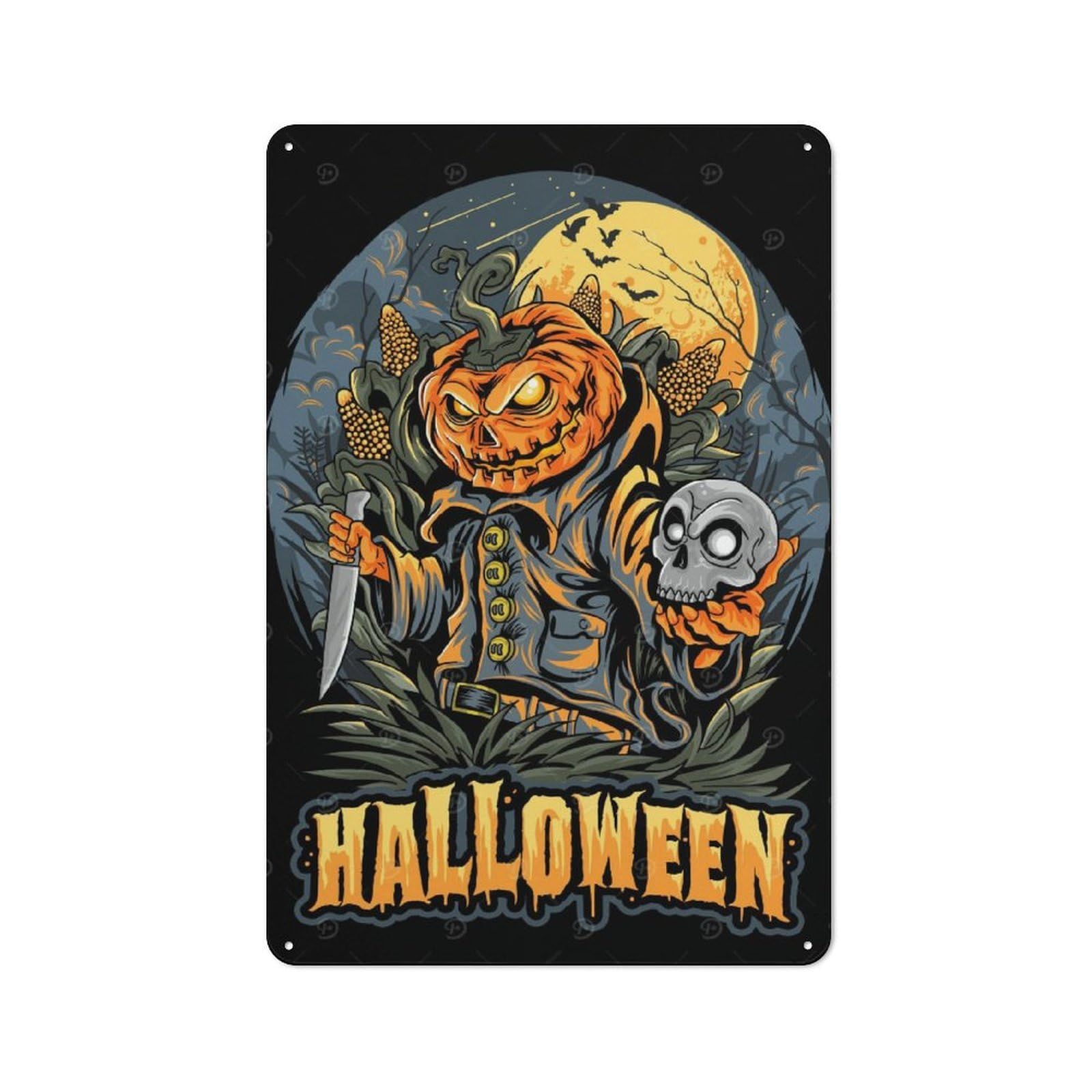 Junmoney Halloween Pumpkin Character With Skull And Kn Retro Retro Metal Sign 30X20cm Featuring Ife, Old Style Wall Plaque For Lounge, Study, Pub Or Wall Gallery