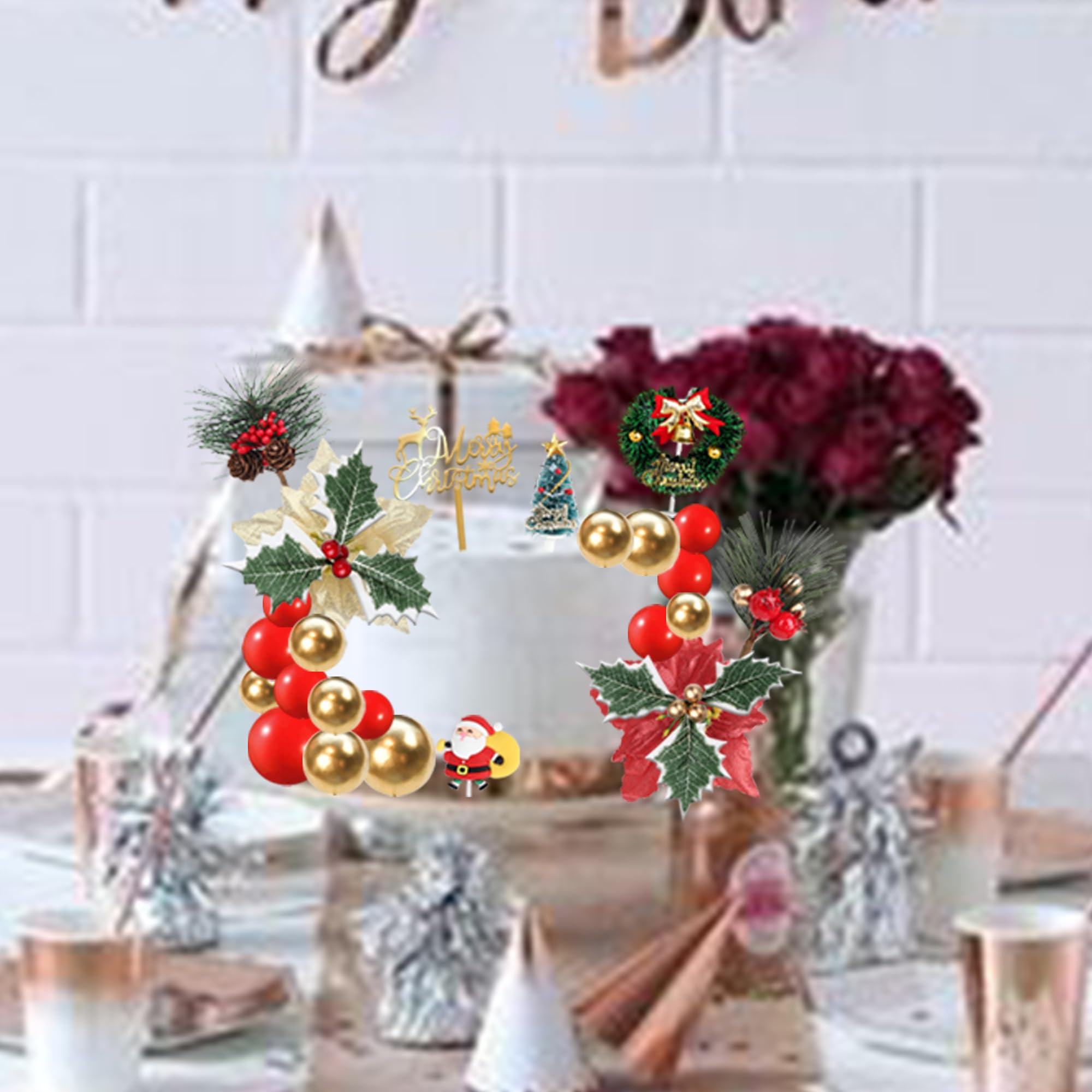 Xsstarmi 38 Pack Merry Christmas Cake Decorations Artificial Flower Berry Pinecone Xmas Tree Cake Toppers Gold Balls Merry Xmas Cake Toppers for Christmas Theme DIY Party Cake Decorations Supplie - Image 3