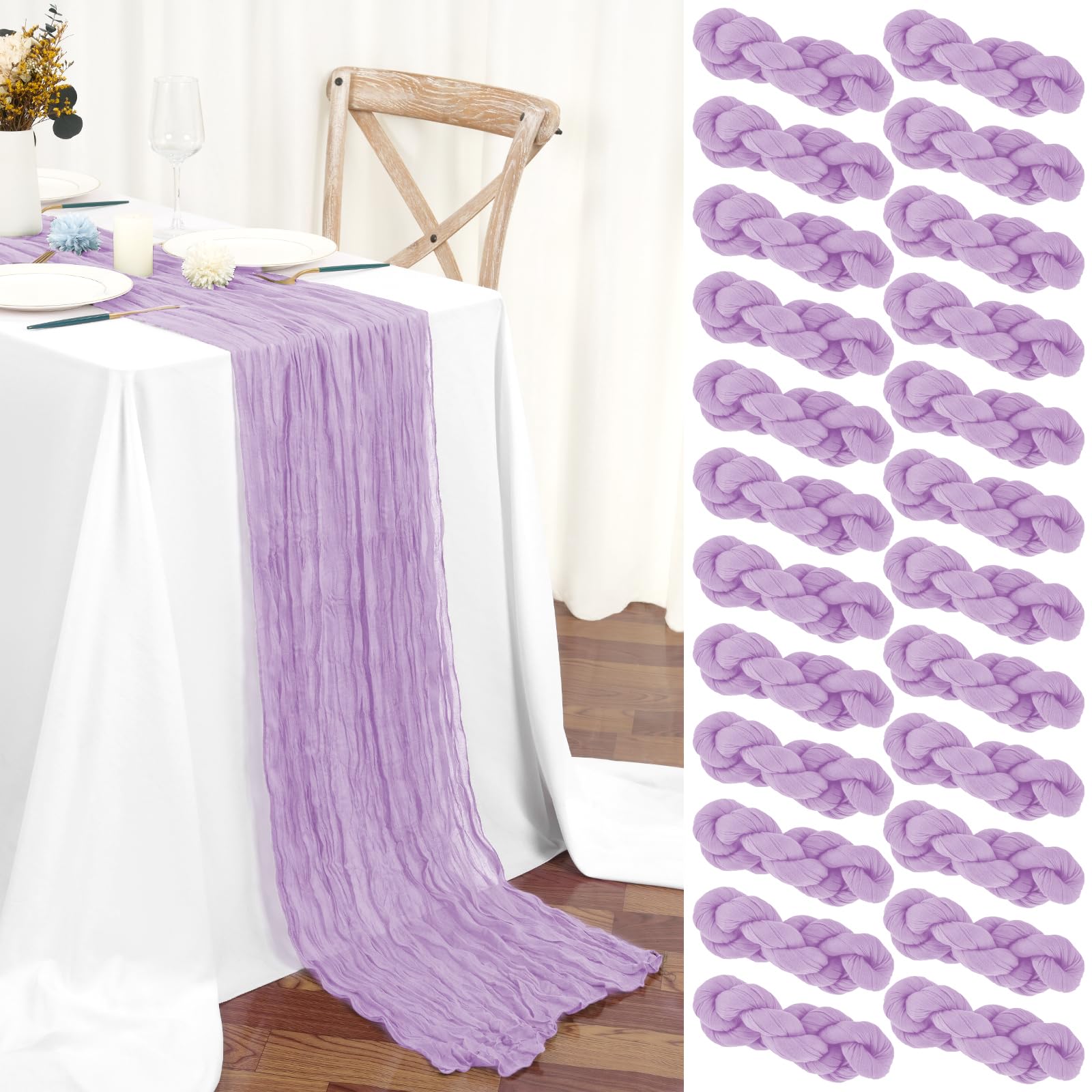 Teruntrue 24 Stück Tischläufer Lila 45x275 cm Boho Gaze Käsetuch Tischläufer für Hochzeit, Party, Babyfeier, Brautshower, Geburtstag-Dekorationen