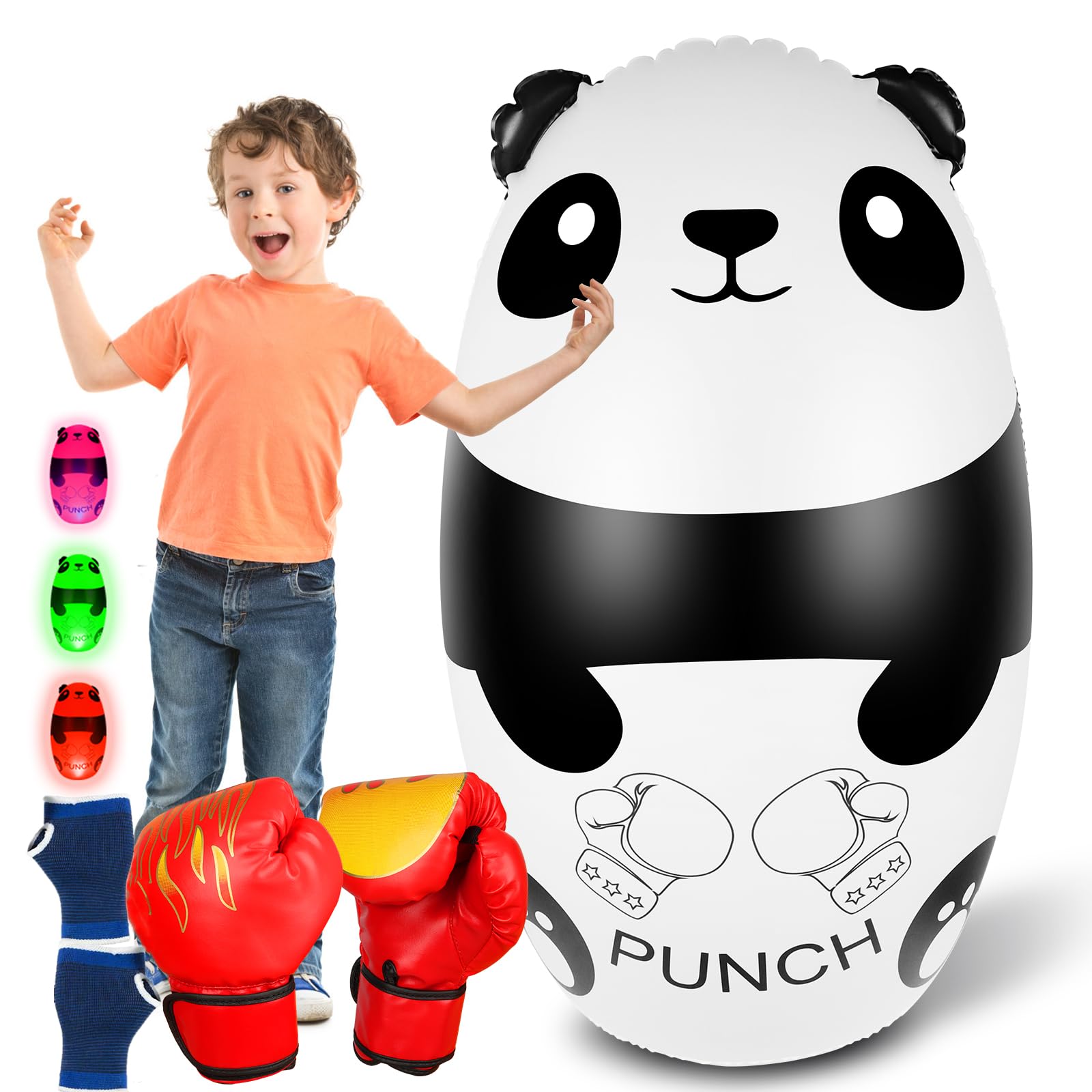 Sac de Boxe Enfant avec Gants de Boxe 120cm Lumineux Panda Gonflable Sac de Frappe avec Gants D'entraînement Jouet pour Enfants 3-9 Cadeau pour Garçons Filles(3xAAA Piles Non Incluses)