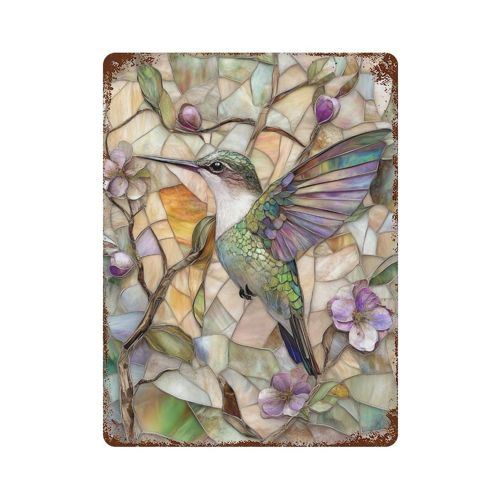 Stained Glass Hummingbird Art Print 15.7"x11.8" Rust Effect Tin Sign, Vintage Wall Decor for Farmhouse, Kitchen And Entryway Decor
