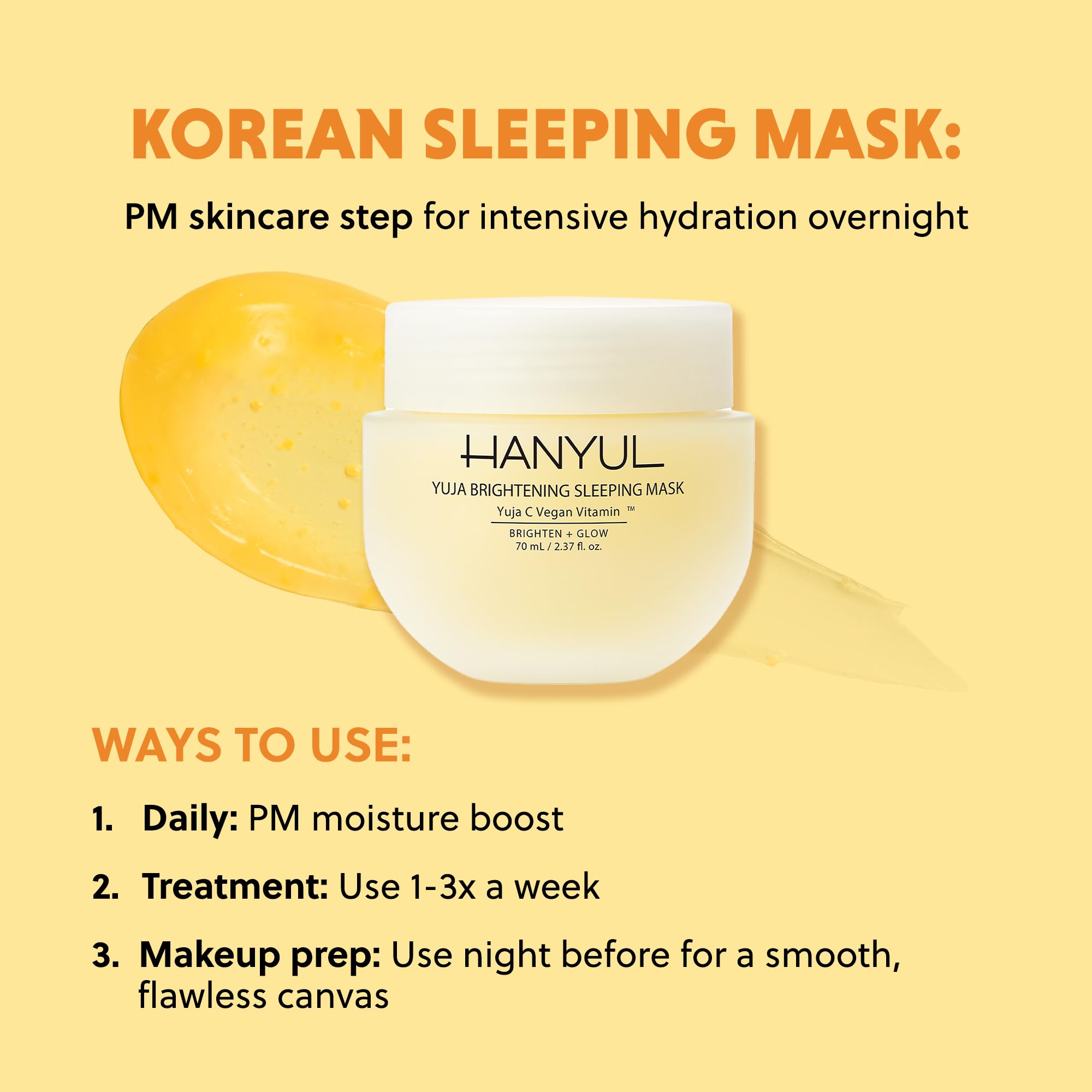 Hanyul Yuja Sleeping Mask | Korean Yuzu Night Cream, Vitamin C for Glow, Radiance, Brightening, Vegan Hydrating Overnight Moisturizer with Hyaluronic Acid, Niacinamide & Antioxidants 2.37 fl. oz.