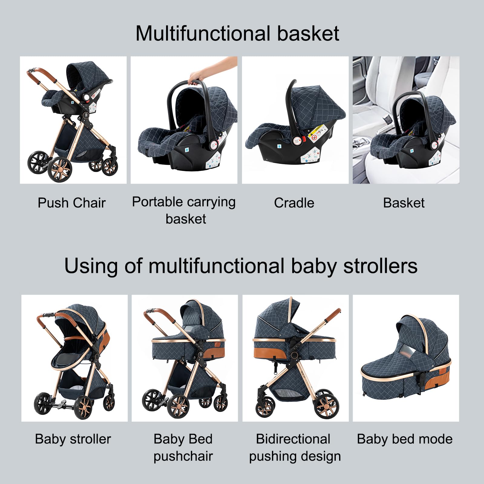 Kinderwagen 3 in 1, Buggy mit Ein-Klick-Faltdesign Hohe Landschaft, Kinderwagen mit Zwei Umkehrbaren Schiebemodi, Kinderwagens 3 in 1 Komplettset mit Rahmen Aluminiumlegierung (V9 Dark Grey)