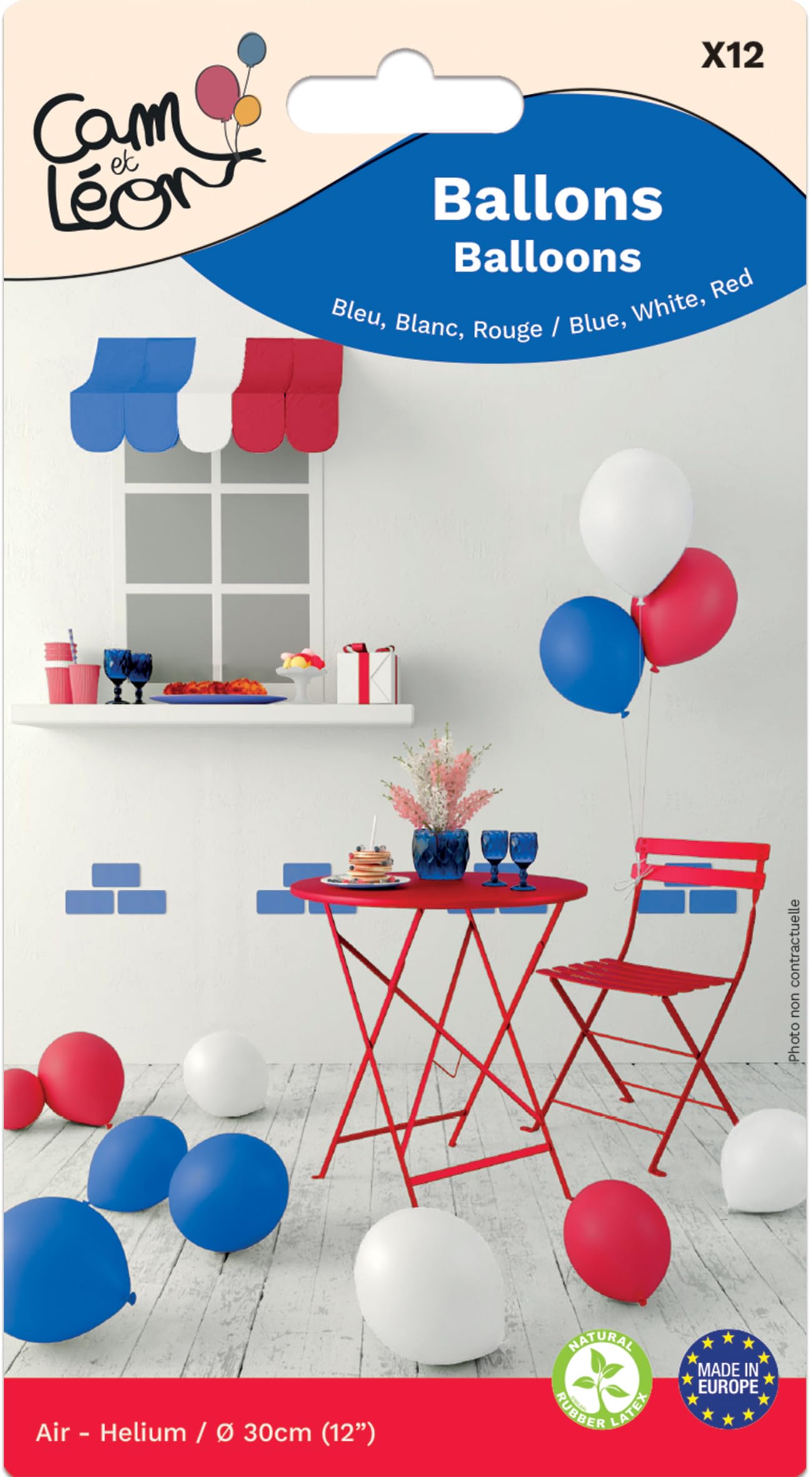 P'tit Clown re22445 Pack of 12 French Balloons Blue White Red 30 cm, Blue / White / Red - Image 3