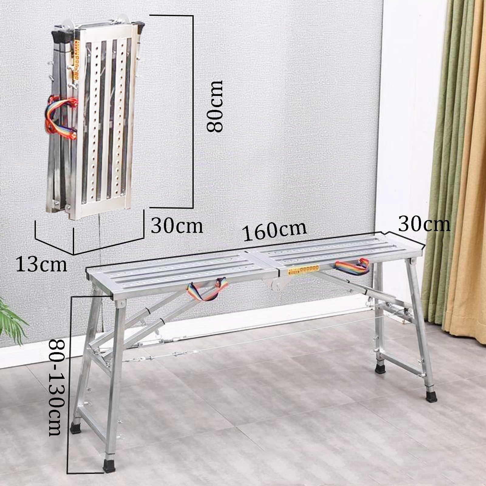 Piattaforma di Sicurezza Pieghevole, Regolabile Piattaforma da Lavoro, Sgabello per Cucina Bagno Campeggio e Altro, Scala Pieghevole con Tappetino Antiscivolo, 160 x 30 cm