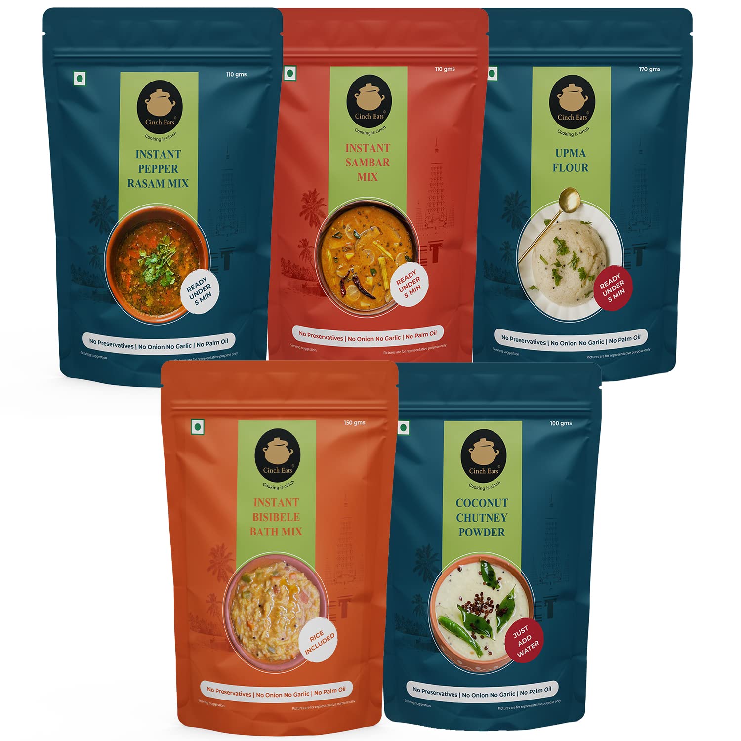 Cinch Eats (Since 1996) South Indian Style Combo/Assorted (Instant Coconut Chutney, Bisibele Bath, Upma, Sambar, Rasam Powder), 640 Grams, Tasty Ready To Eat, Just Add Water