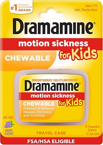 Dramamine para el mareo por movimiento para niños masticable sin colorantes sabor a uva 8 unidades