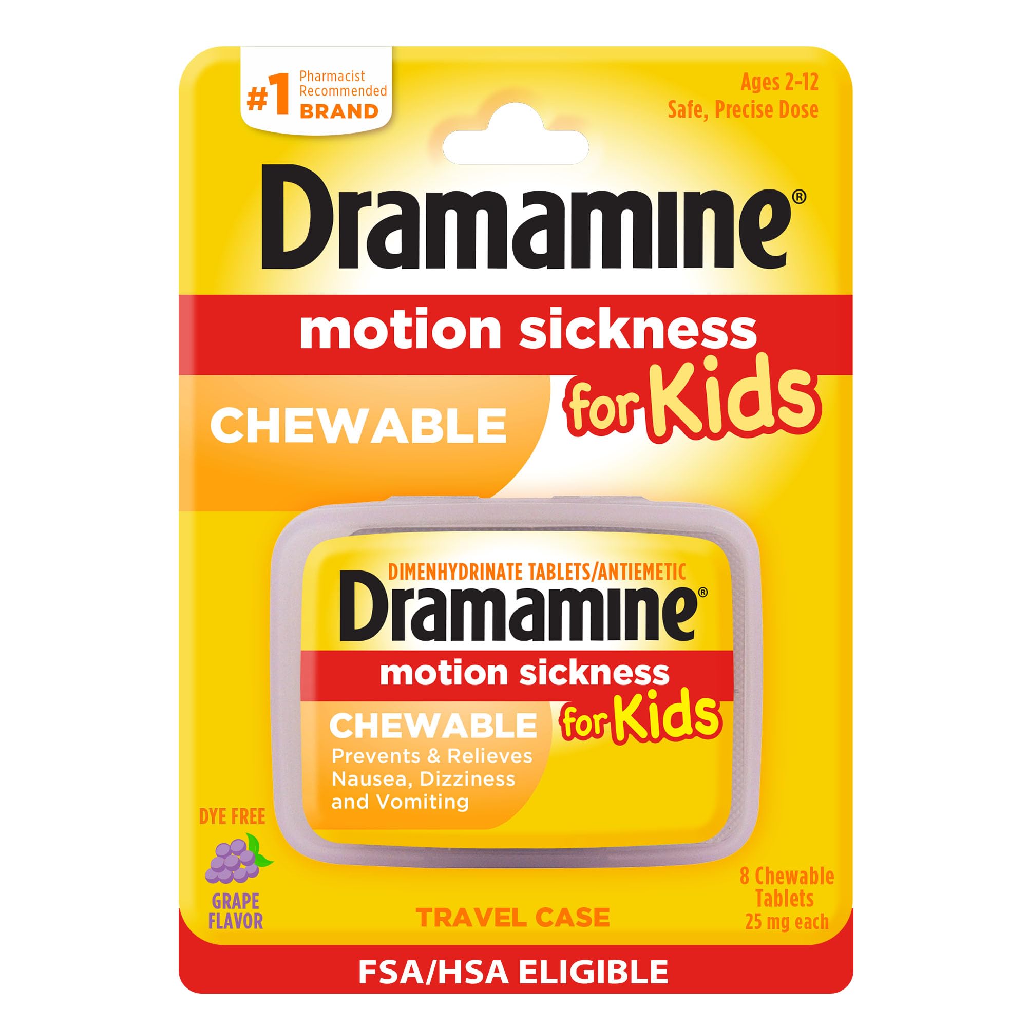 DramamineKids Motion Sickness Relief, Grape Flavor, 8 Count