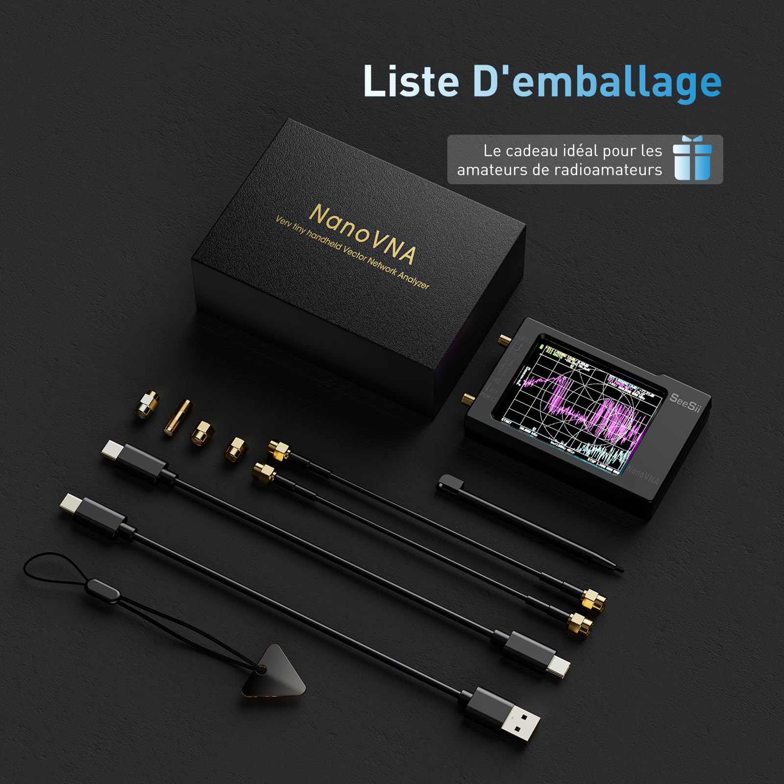 Seesii NanoVNA-H Analyseur de Réseau Vectoriel, Analyseur d'antenne V3,6 10KHz-1,5GHz MF/HF/VHF/UHF pour Paramètres S, Rapport d'onde Stationnaire de Tension et Graphique Smith Support SD Carte