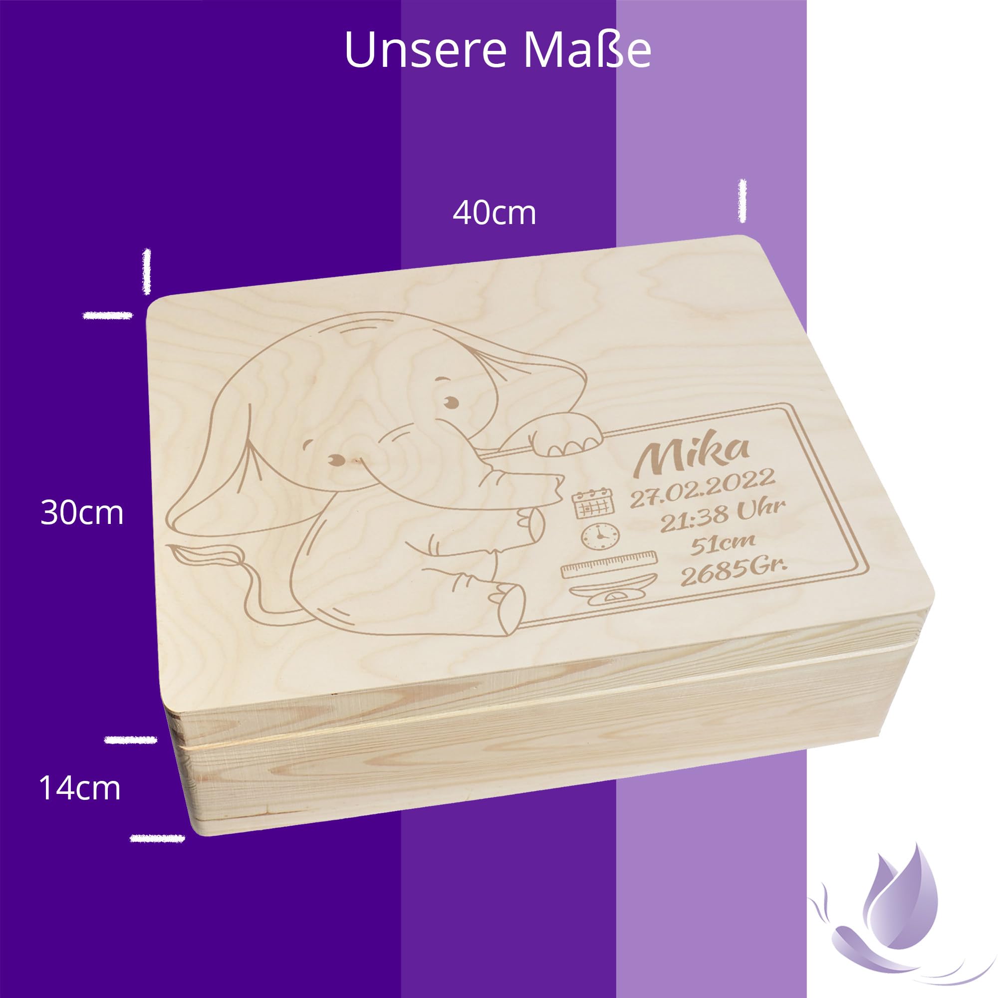 Scatola dei ricordi personalizzata per neonati e bambini con incisione elefante, scatola in legno per bei ricordi, 40 x 30 x 14 cm