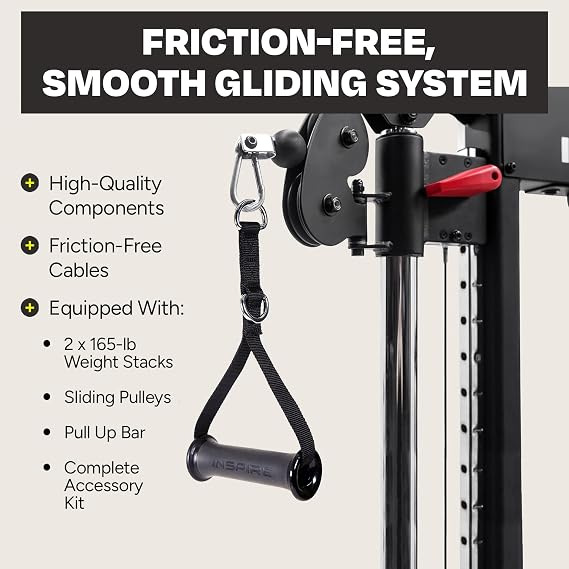 Inspire Fitness FT1 Functional Trainer with Bench - Compact at Home Workout Machine with Accessories - Two 165 lb Weight Stacks - Smooth Glide Cable Machine with Weight Bench