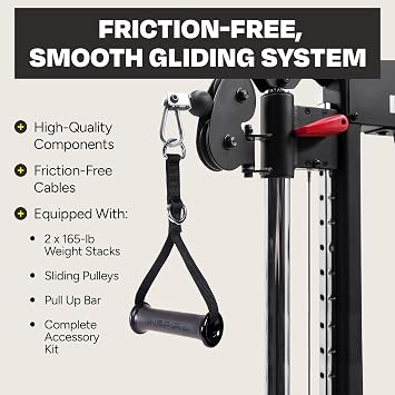 Inspire Fitness FT1 Functional Trainer with Bench - Compact at Home Workout Machine with Accessories - Two 165 lb Weight Stacks - Smooth Glide Cable Machine with Weight Bench