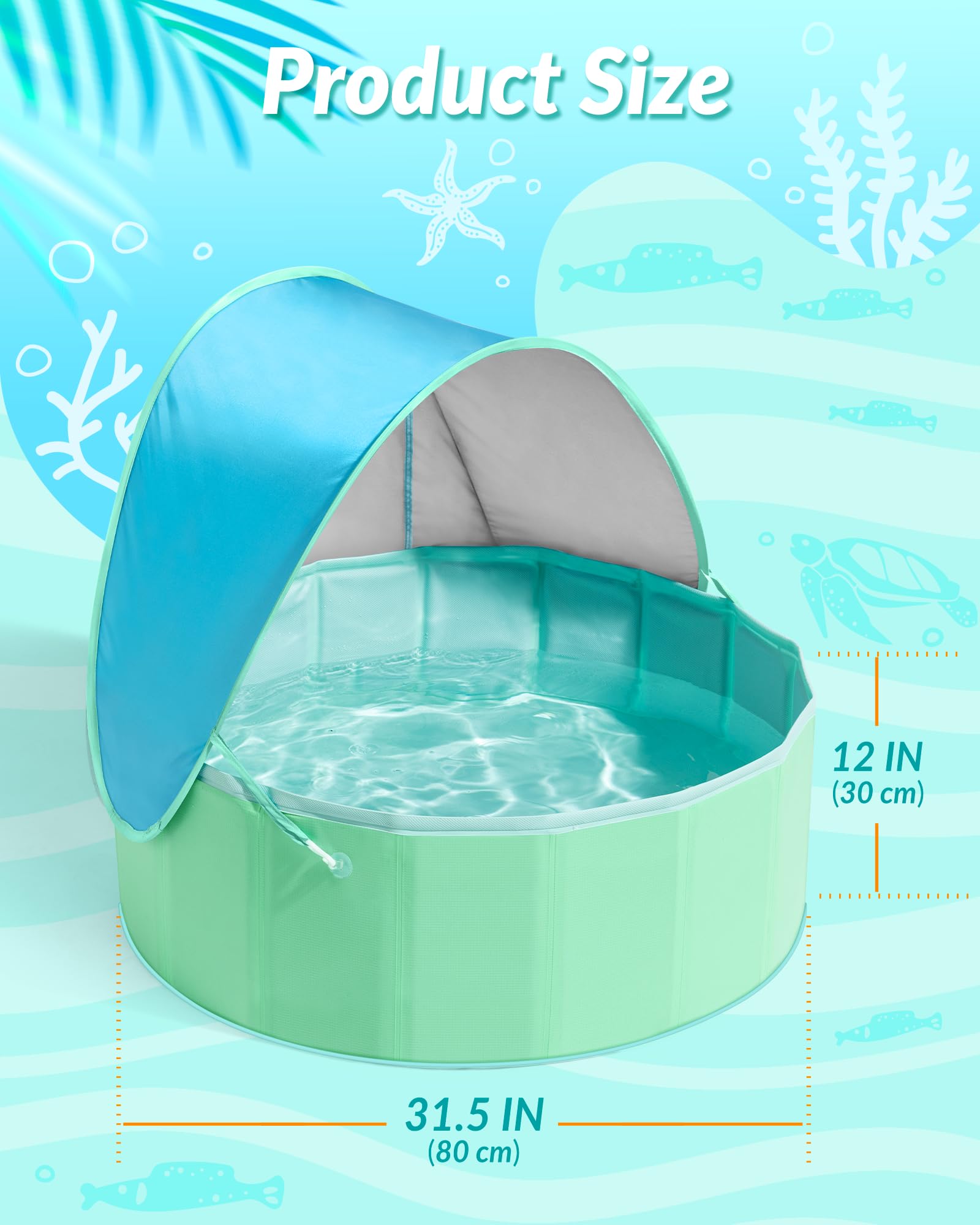 Hikiddy Piscina infantil con sombra: piscina desplegable de 80 cm con toldo para verano, playa, jardín (azul y menta, 80 cm)