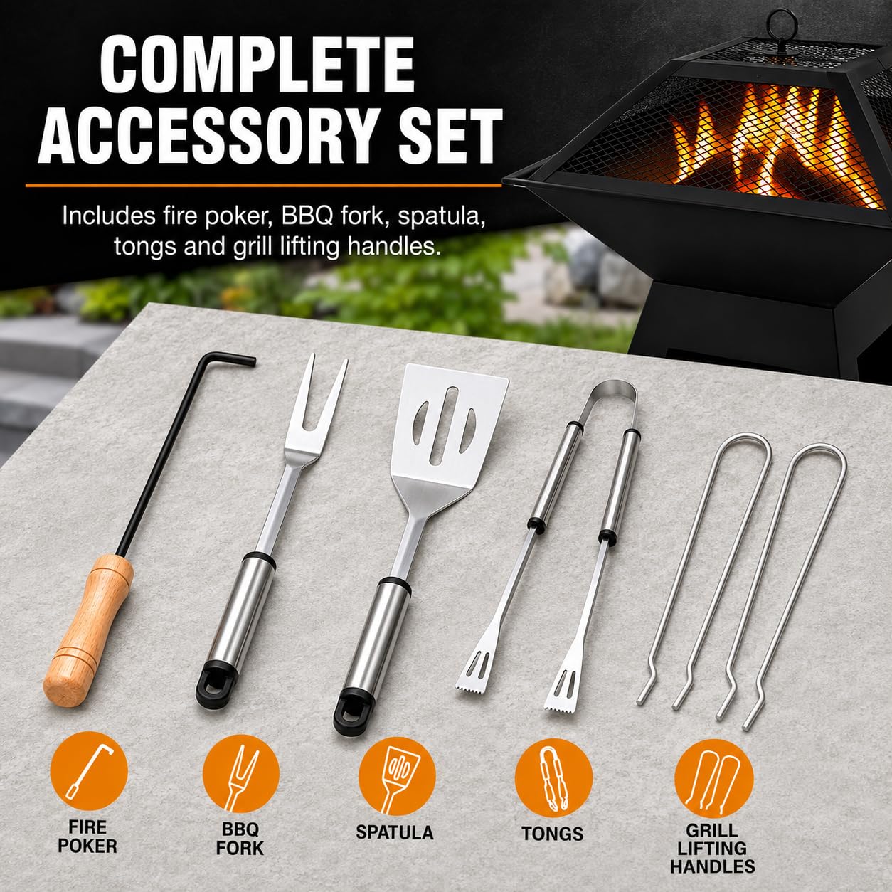 Garden Mile® - Grande braciere in metallo verniciato a polvere, colore nero, barbecue da esterno, braciere/stufa da giardino, quadrato