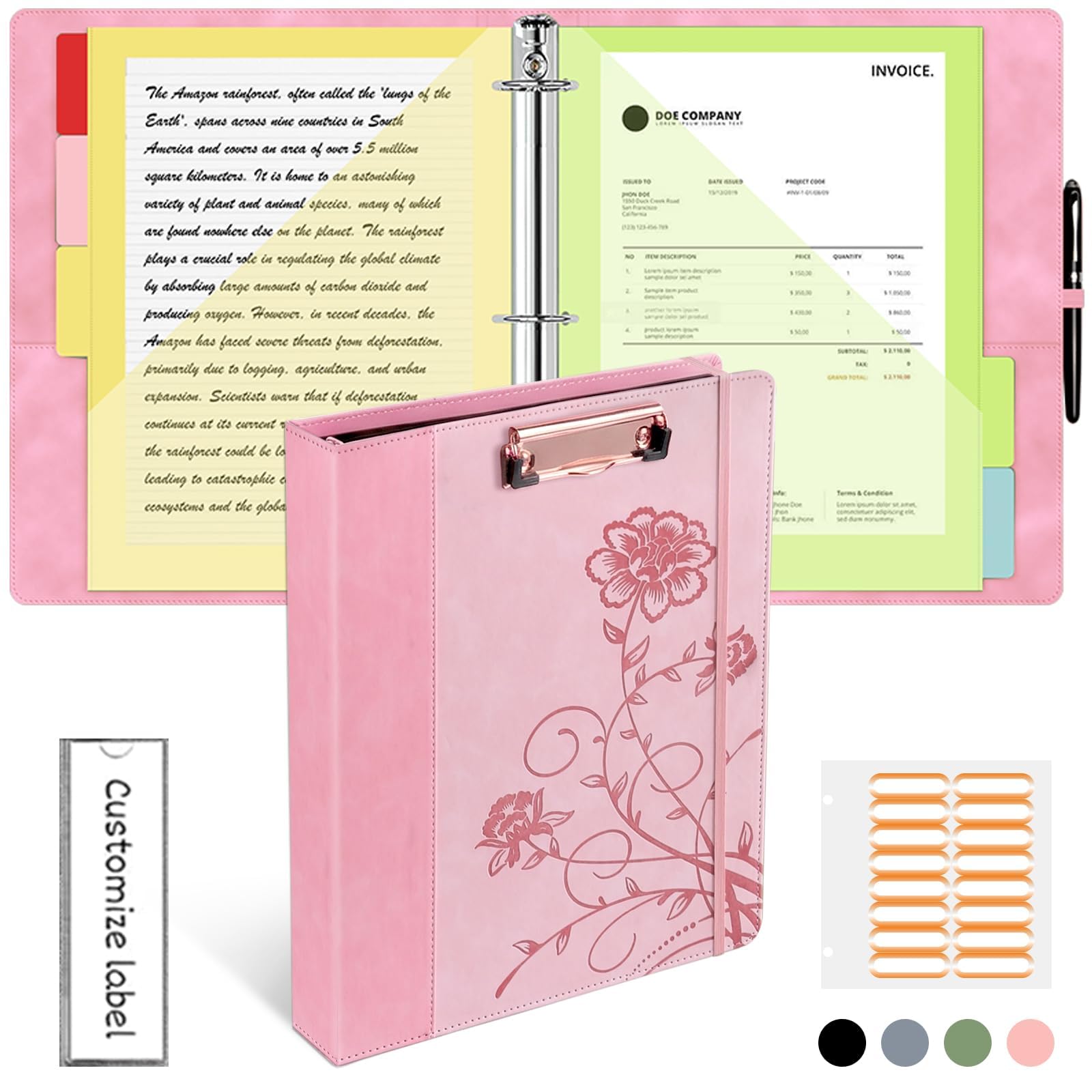 Classeur à 3 anneaux en cuir de 2,5 cm, avec porte-pinces, classeur KLLVE à trois anneaux avec porte-stylo (rose, format lettre)