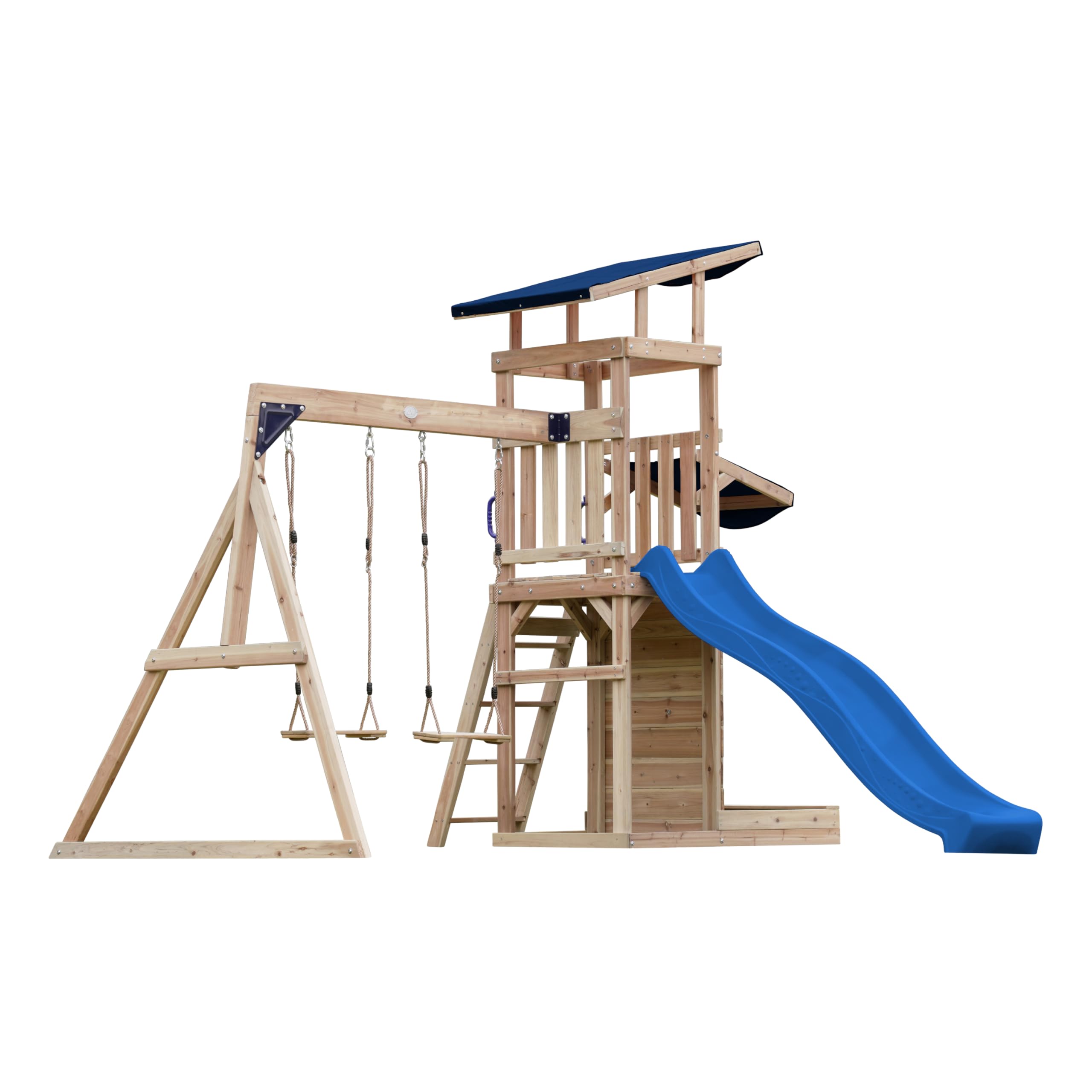 AXI Malik Parque Infantil de Madera con 2 Columpios, Tobogan Azul/Parque Infantil de Exterior con arenero y Pared de Juego/Tobogan con Conexion de Agua | Columpio Portico. The Forest Stewardship Council