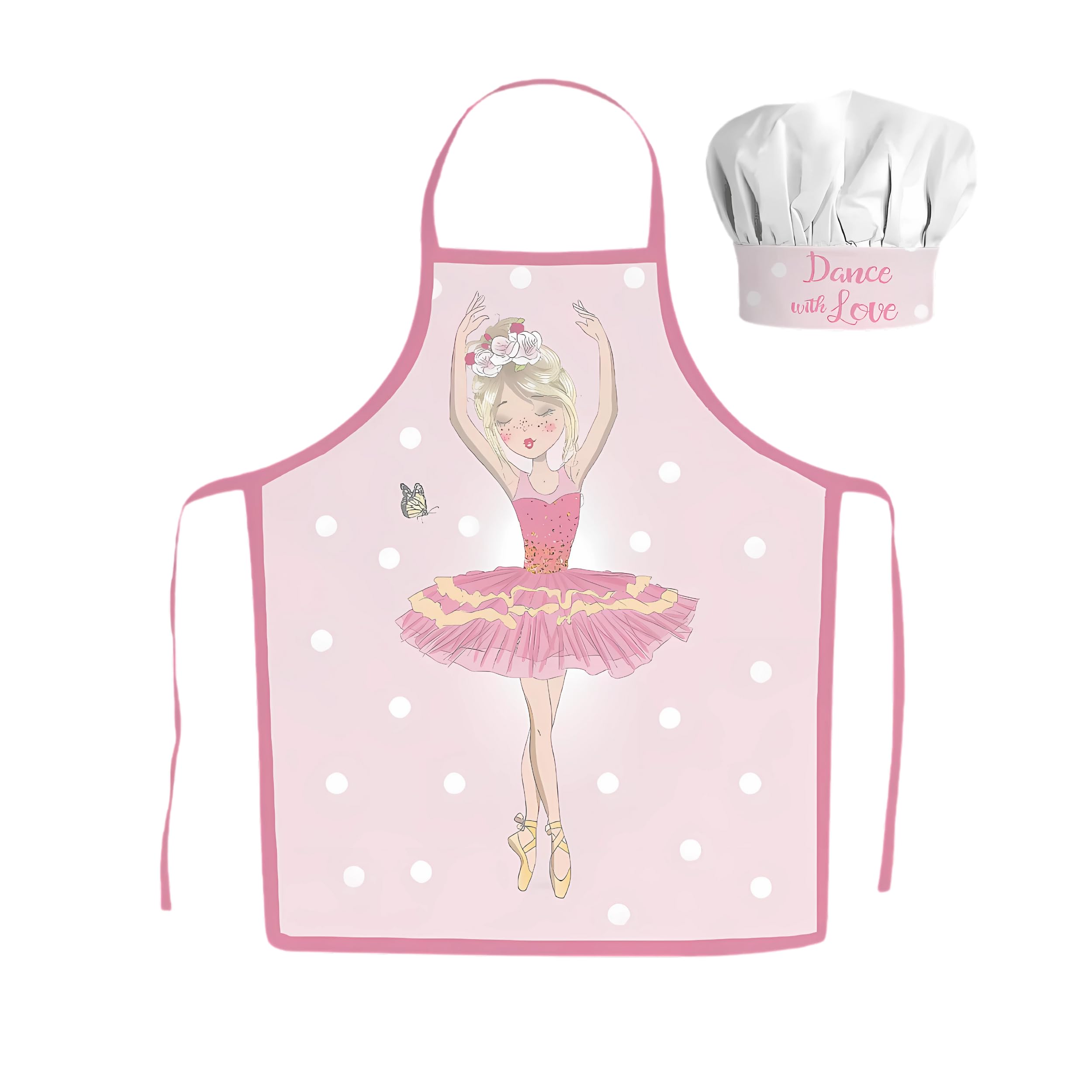 damaloo Ballerina - Delantal infantil de cocina para niñas de 3 a 8 años, delantal infantil con gorro, delantal para hornear con gorro de cocinero ajustable para niños, juego de delantales de cocina