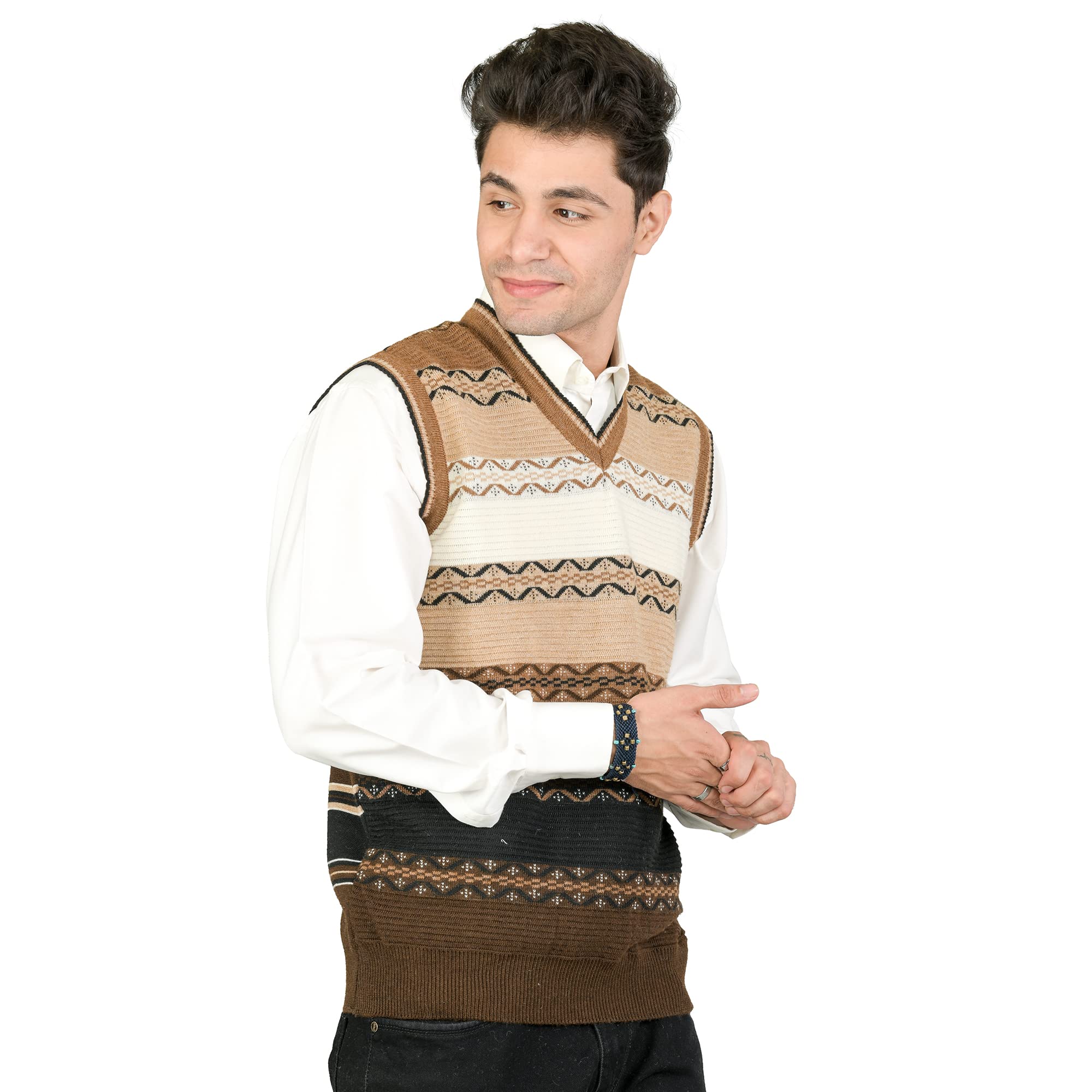 MONT CONNETTMen Woolen V-Neck Printed Design Sleeveless Pullover Heavy Rainbow Fabric Winter Wear Pure Wool Cardigan Regular Coaty Fully Warm Heavy Pullover Cardigans Free Sizes