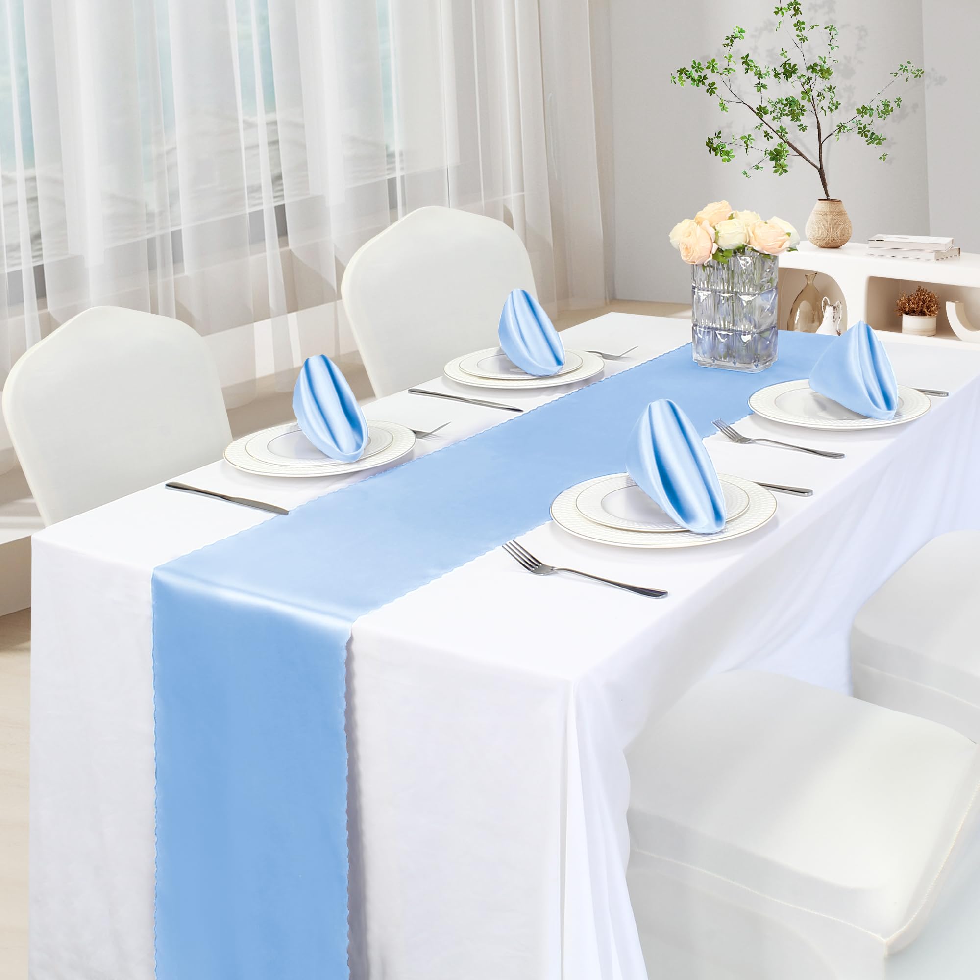 VACVELT Paquete de 6 caminos de mesa de satén de 12 x 72 pulgadas de largo, color azul claro, caminos de mesa de boda, caminos de mesa suaves y brillantes para fiestas de cumpleaños, banquetes,