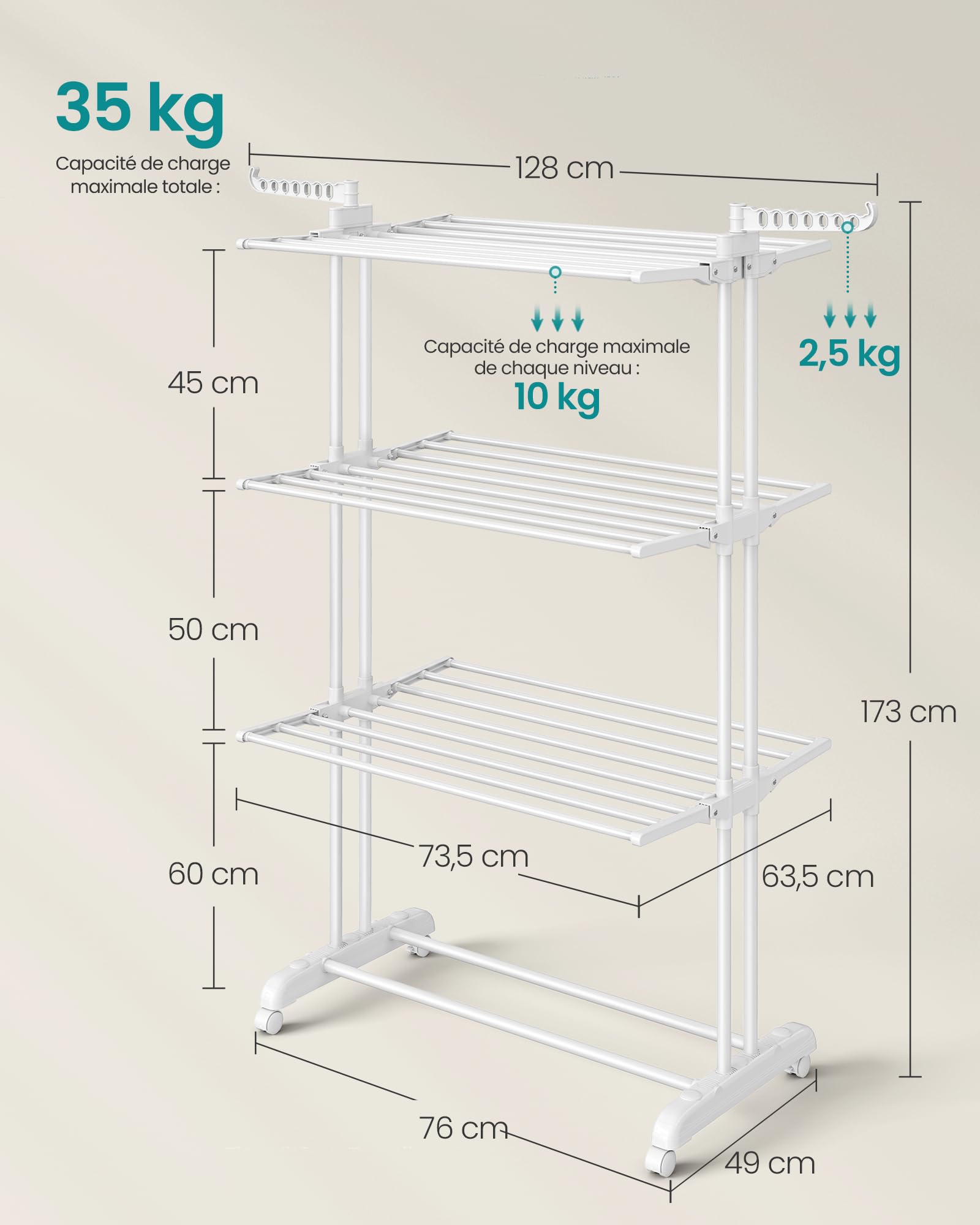 SIMPDIY Droogrek, wasdroger, toren, met 6 inklapbare vleugels en 2 zijvleugels, staand droogrek met wielen, voor binnen en buiten, wit
