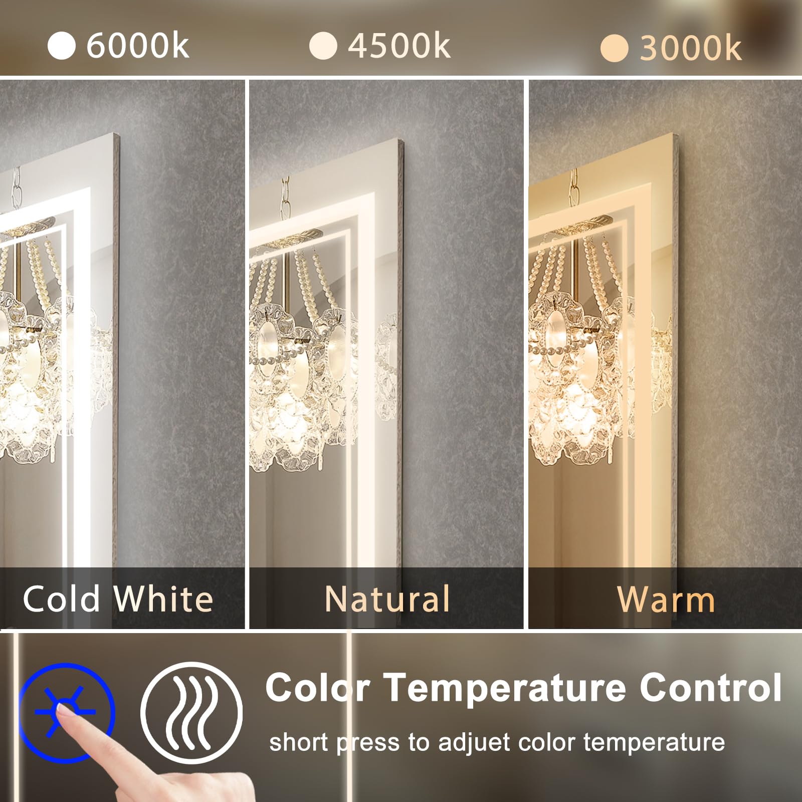 SaniteModar LED Bathroom Mirror, Led mirror 48x 32 inch Anti Fog, Dimmable 3 Color Lighted Bathroom Mirror, Waterproof Led Vanity Mirrors, Horizontal/Vertical…