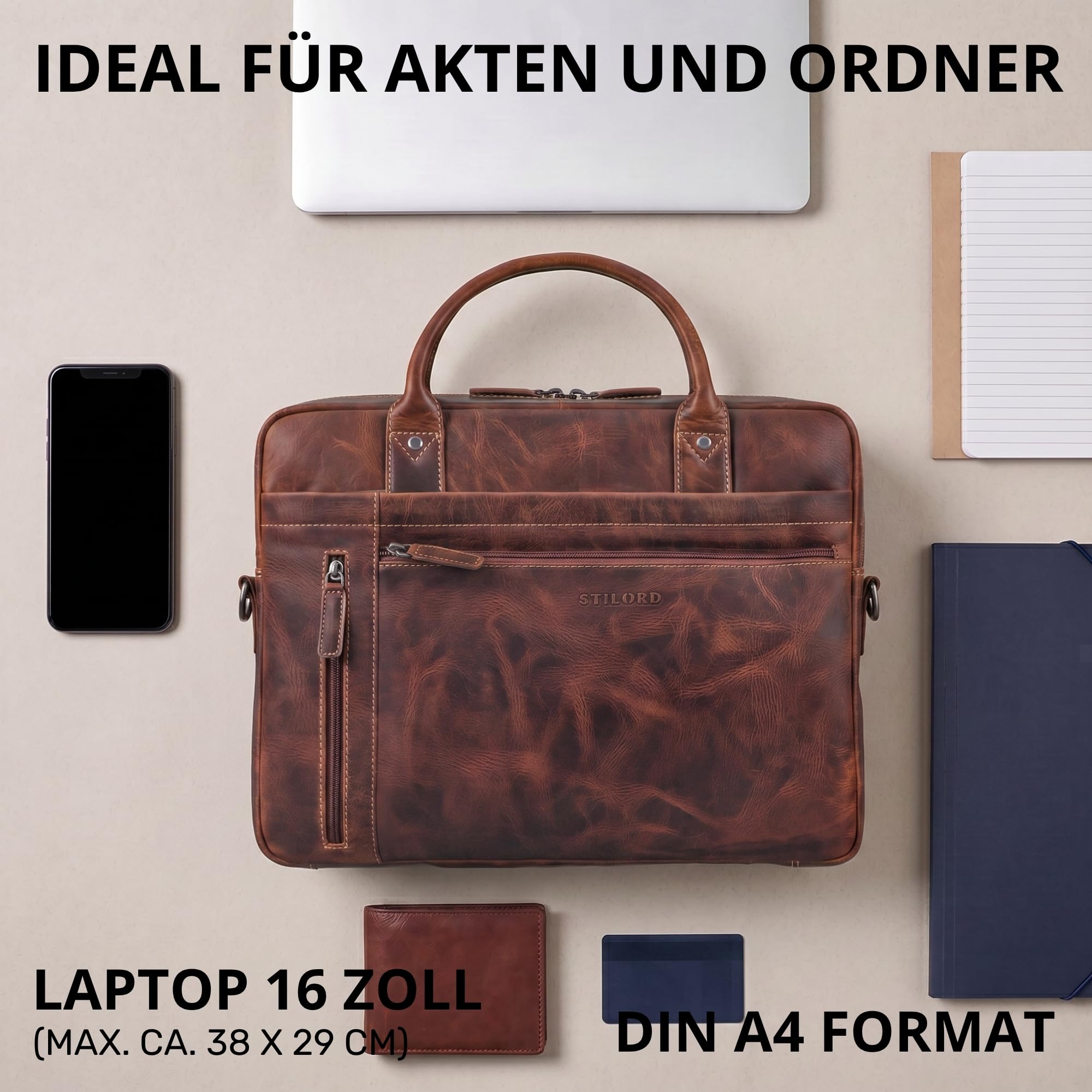 STILORD Jared Sac Ordinateur 16 Pouces Cuir Homme – Sacoche Business Haut de Gamme en Cuir Véritable – Mallette de Travail Bandoulière – Compartiments Multiples Couleur:Salerno - Marron