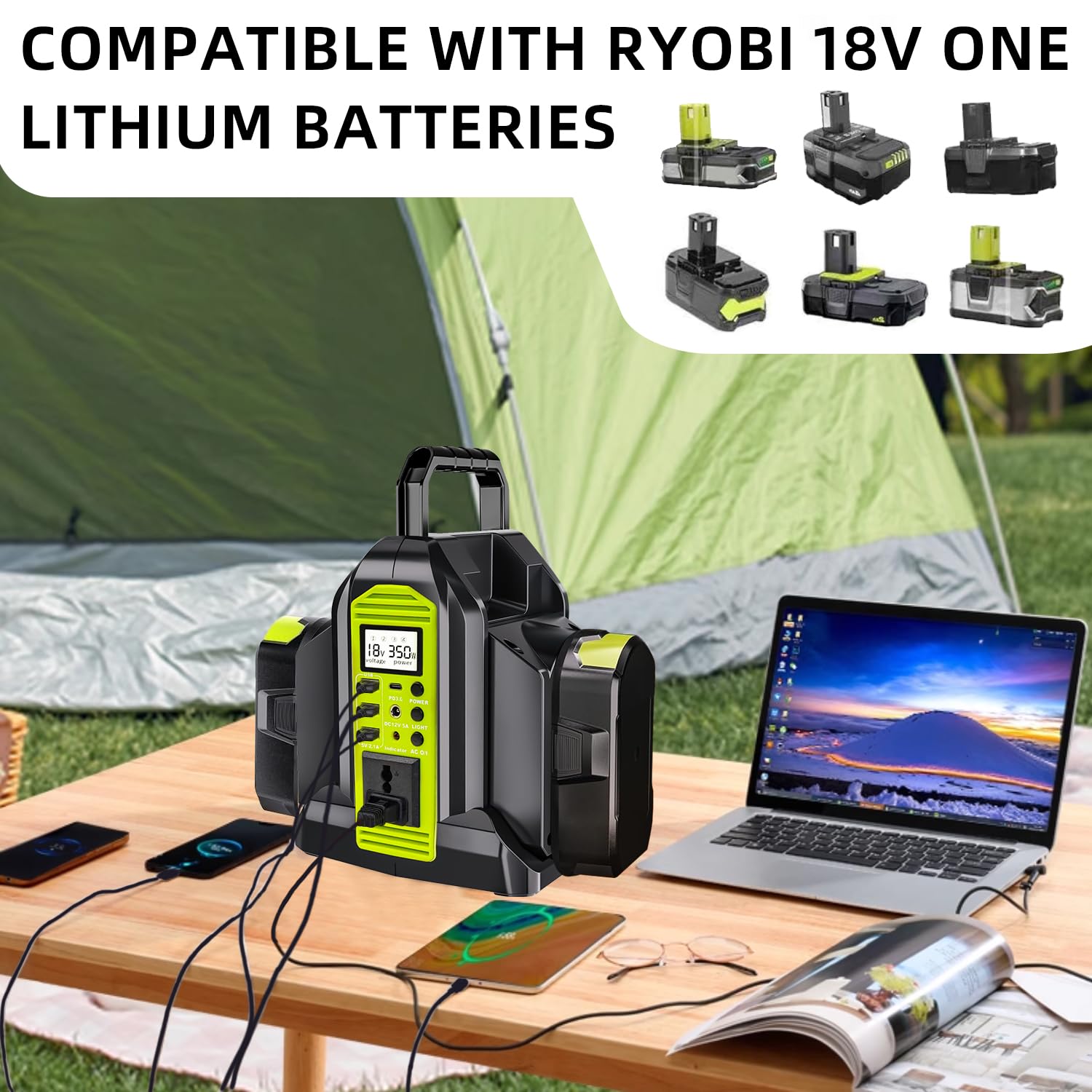 Onduleur à onde sinusoïdale pure 350 W, alimentation CC 18 V à 230 V/240 V AC, compatible avec les batteries au lithium Ryobi 18 V (batterie non incluse) | Convertisseur de puissance sans fil portable