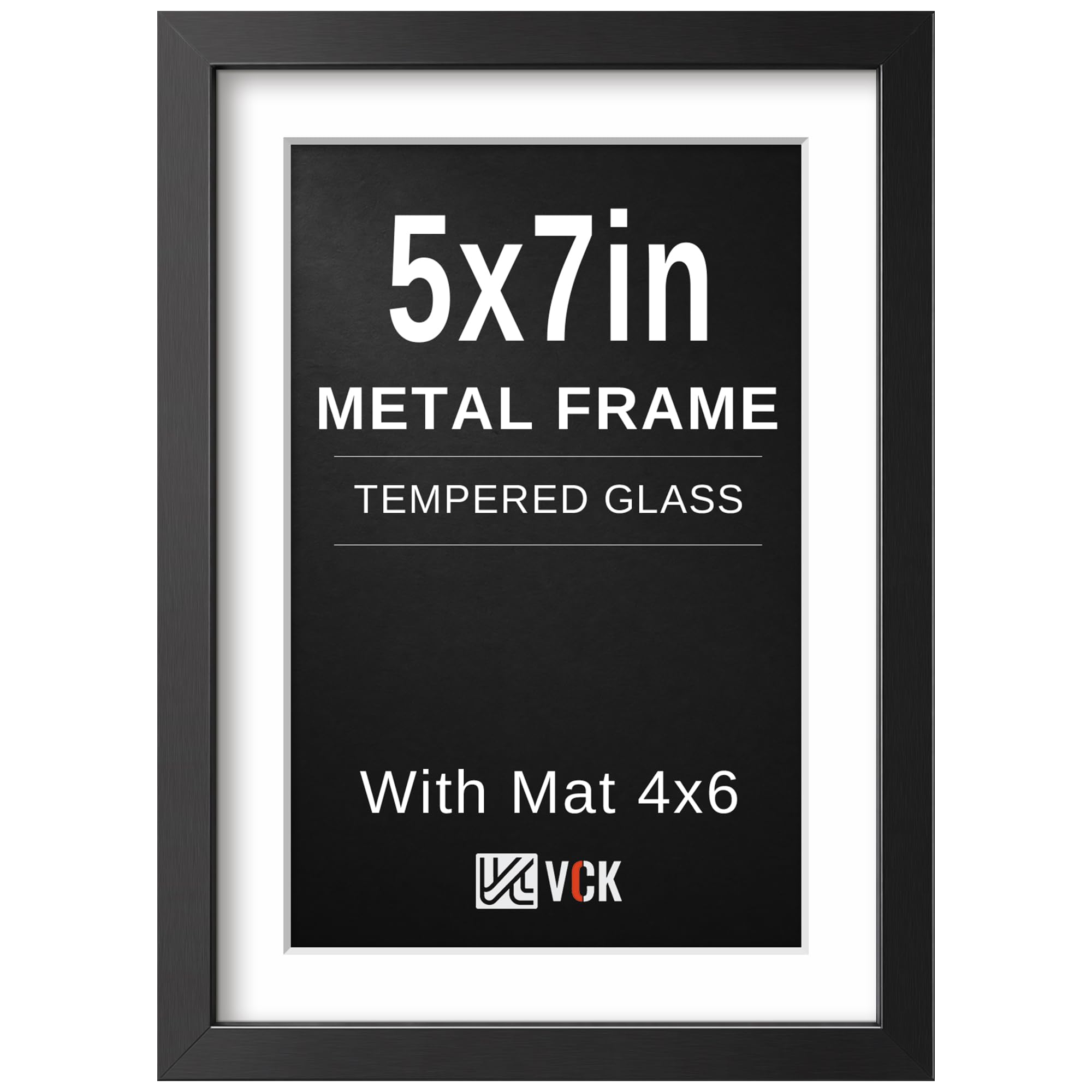 VCK 5x7 Picture Frame Black Metal, Real Glass, 4x6 Mat, for Portrait