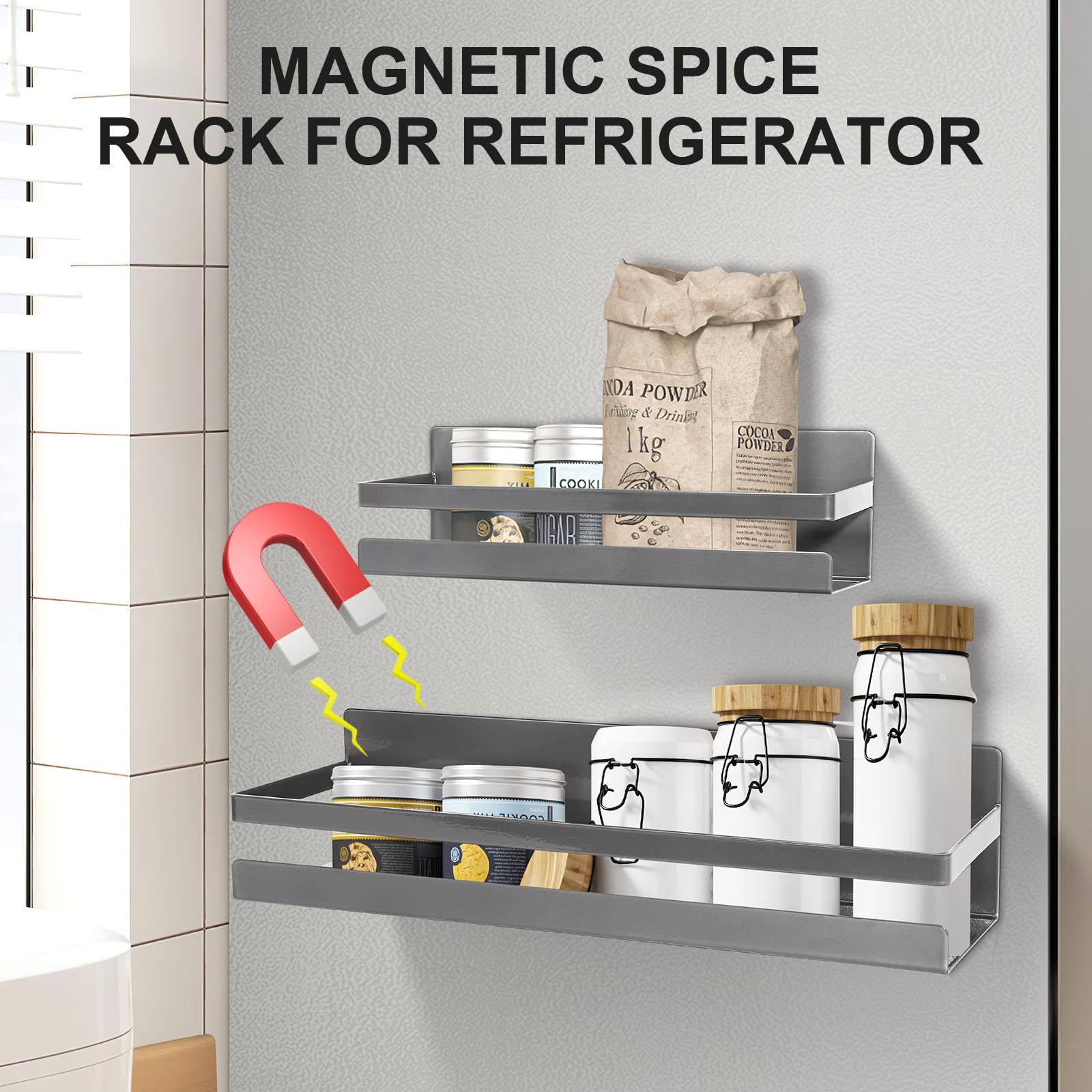 Uten Grande étagère à épices magnétique pour réfrigérateur, lot de 2 étagères magnétiques puissantes, étagère magnétique mobile pour la cuisine, contenir des épices, des bocaux, parfait pour