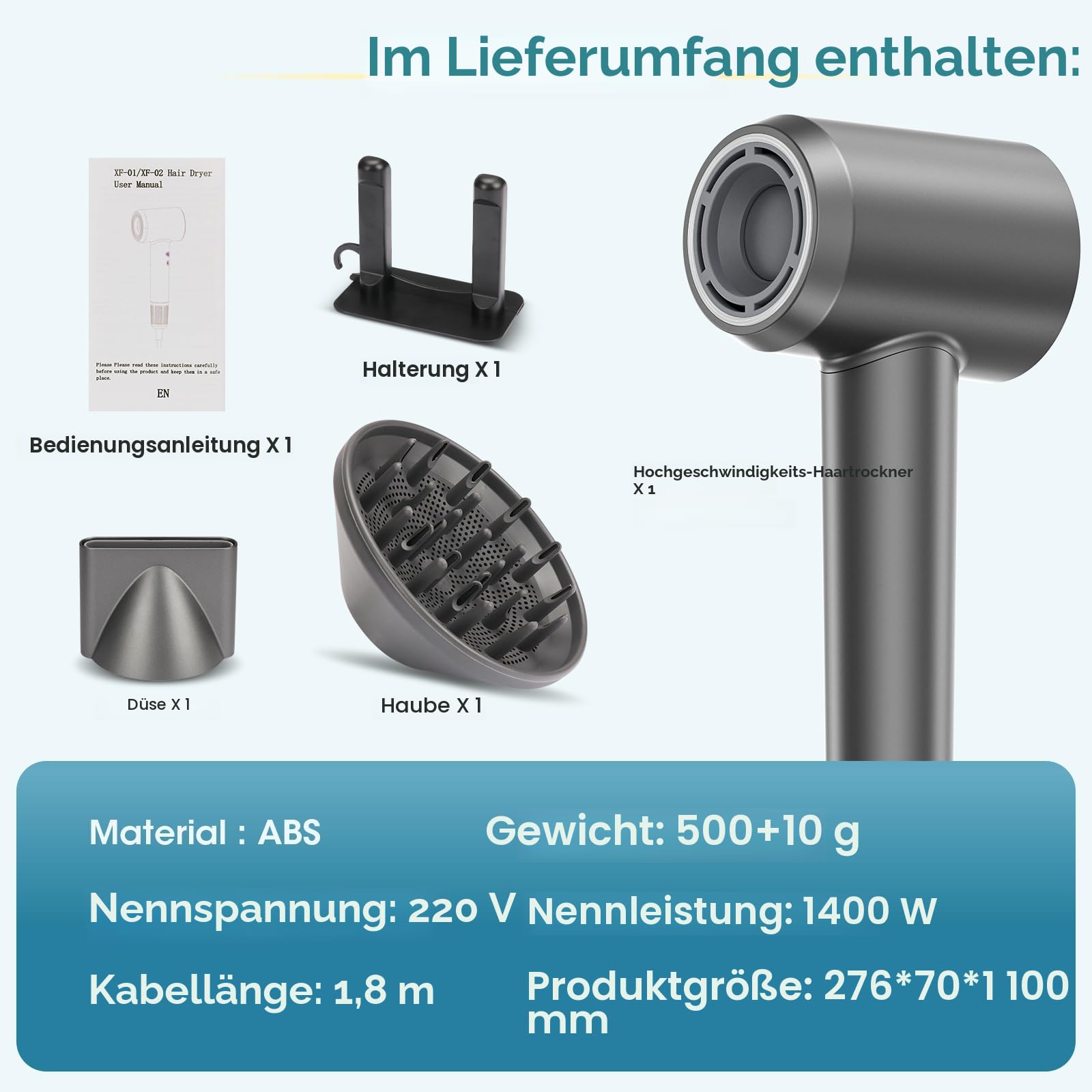 Haartrockner mit Diffusor, Ionen Föhn 110.000 U/min, 4 Temp. & 2 Gebläse