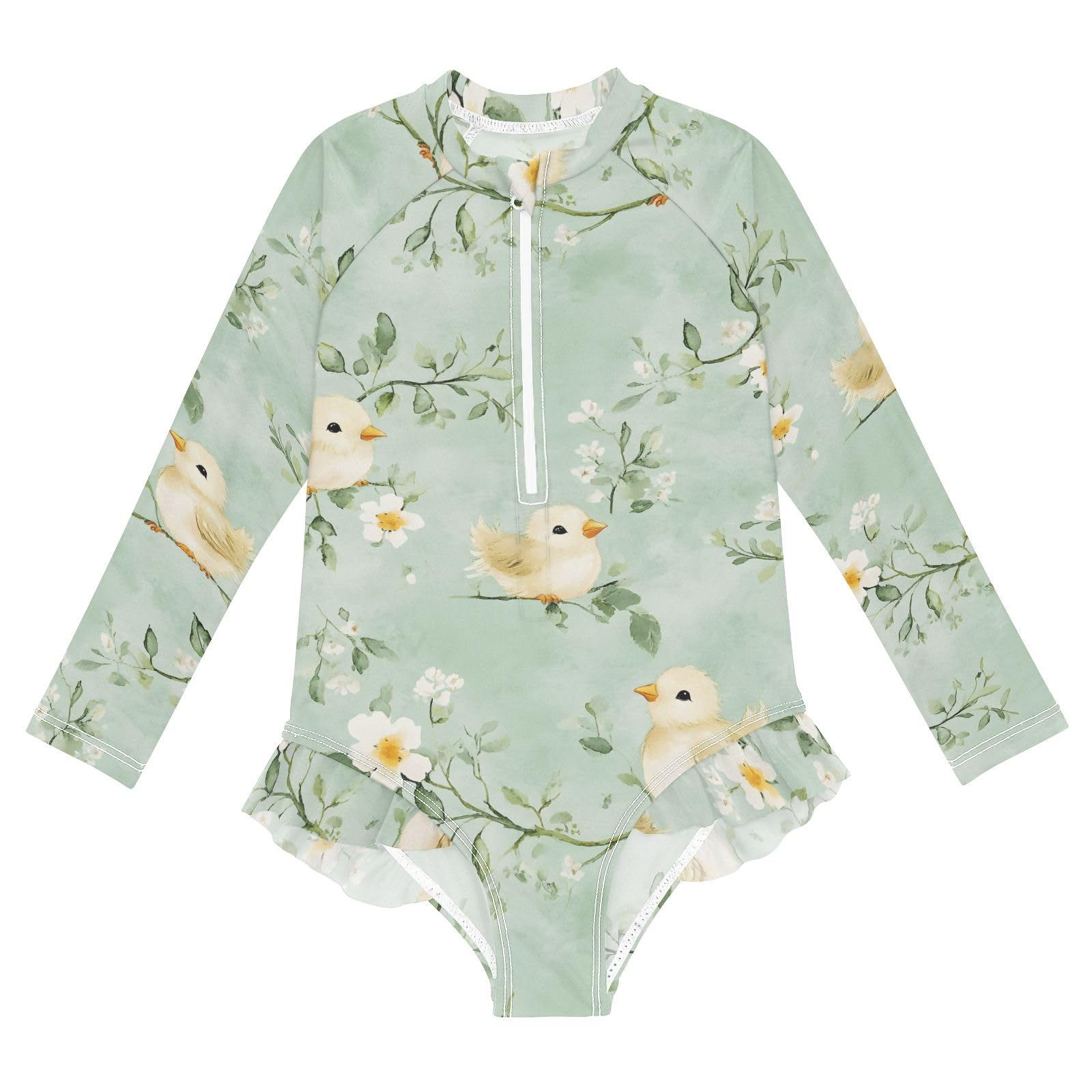 ALAZA Toddler Swimsuit Girl Bathing Suit Swimwear Rash Guard Chick Watercolour Green Long Sleeve 3T