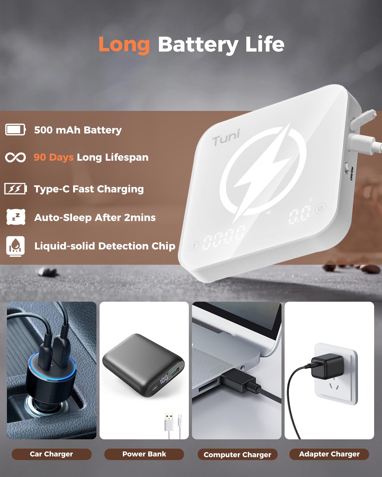 Tuni Báscula de café con sincronización automática, báscula digital recargable para expreso, escala precisa de 2 kg/0,1 g para café expreso y café vertido, medidas en g/oz/ml, relación polvo/agua,