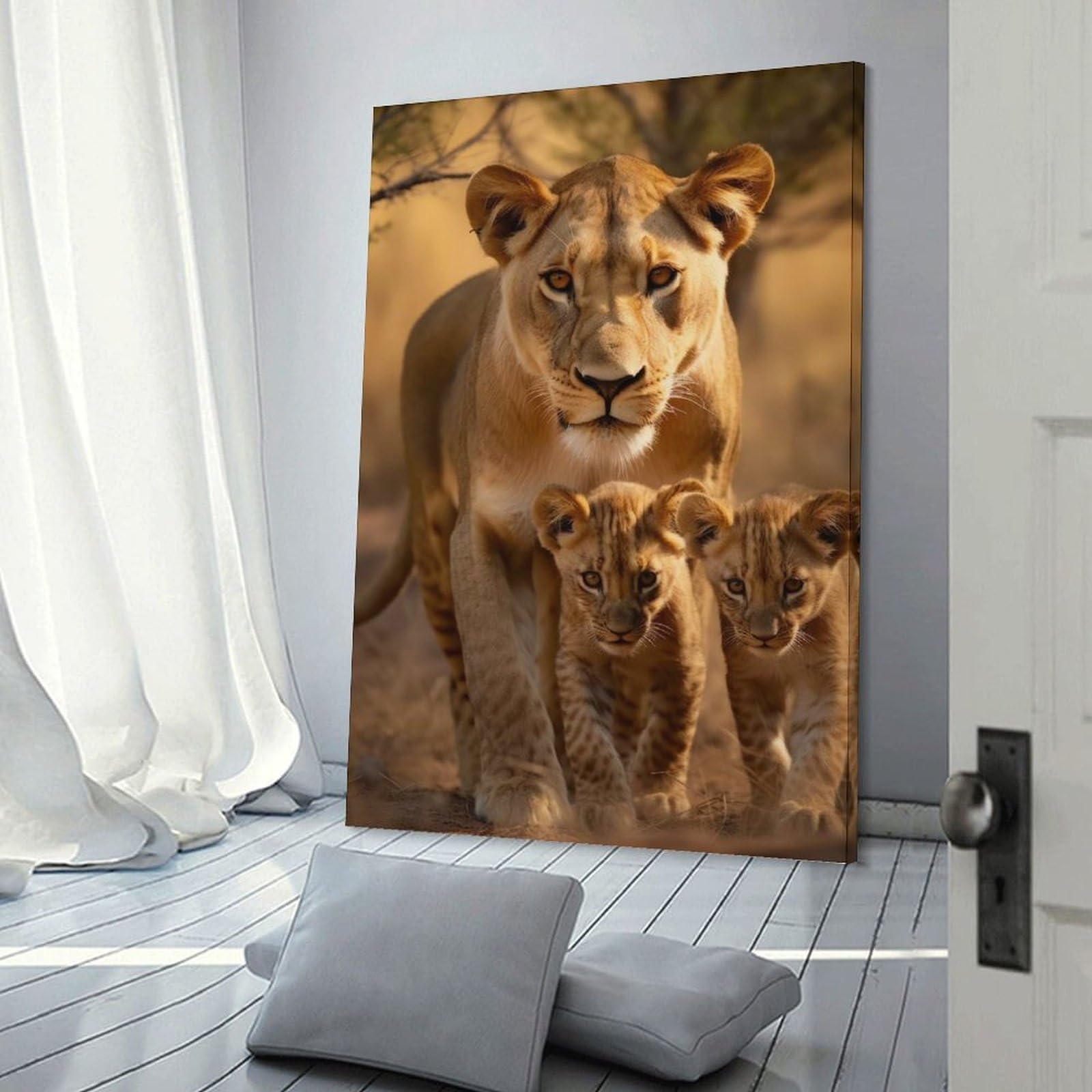 Junmoney Decorative Canvas Print Lioness With Cubs, 20x30inch(50x75cm), for Entrance Spaces, Stair Walls Or Halls, A Neat Decor Update for Hallways