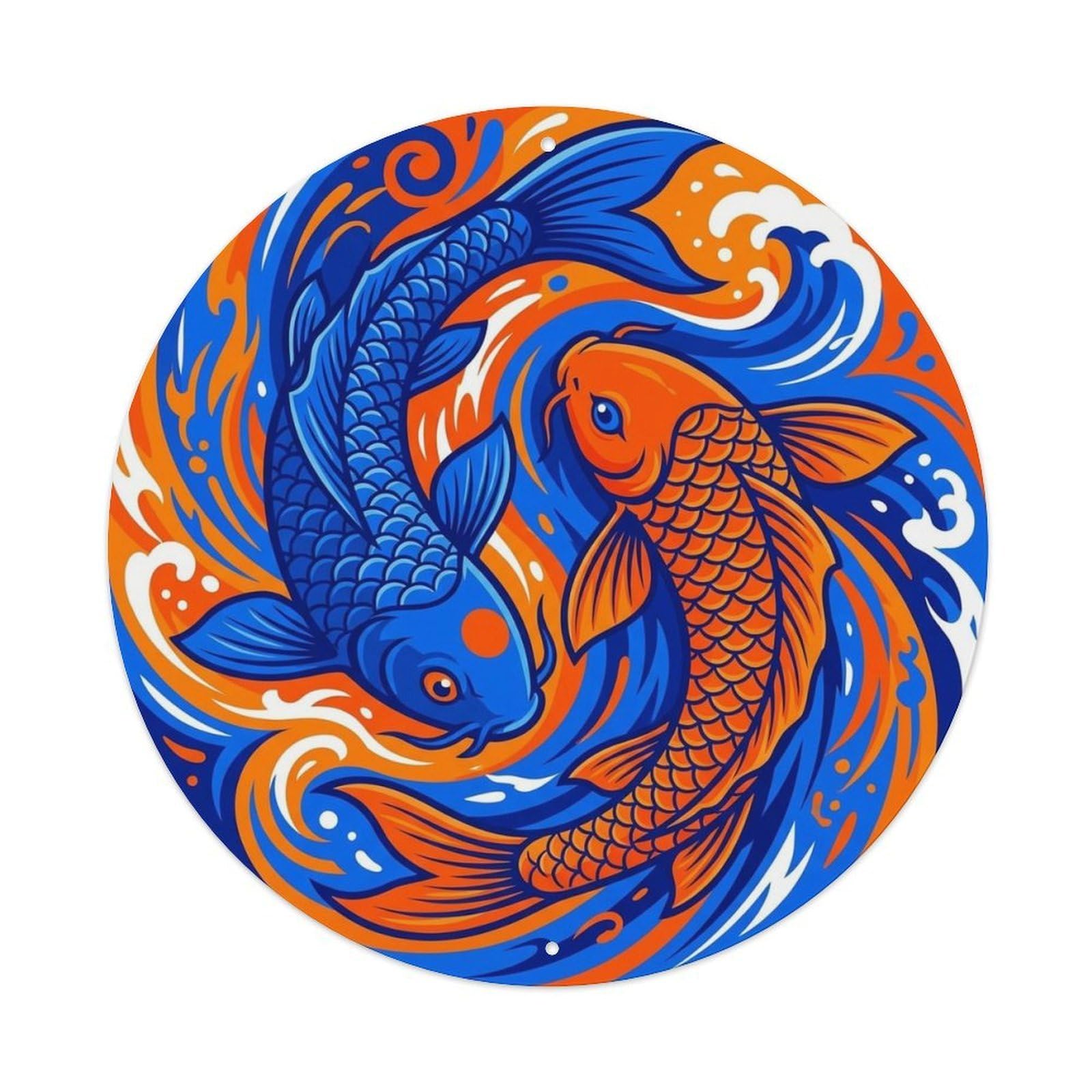 Japanese Koi Symbol Cobalt Bagua Harmony Metal Tin Sign Plaque Wall Decor for Cafe, Man Cave, Club Bar, Office, Home Garden Round Metal Poster 8x8Inch