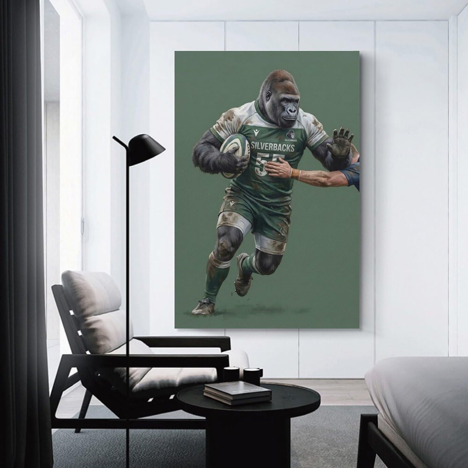 Junmoney Unframe-Style-1-1 Gorilla Rugby Player With Ball Wall Picture Print 12X18inch(30X45cm), For Lounge Decor, Offices Or Entryway Styling, Versatile Wall Decor For Many Rooms