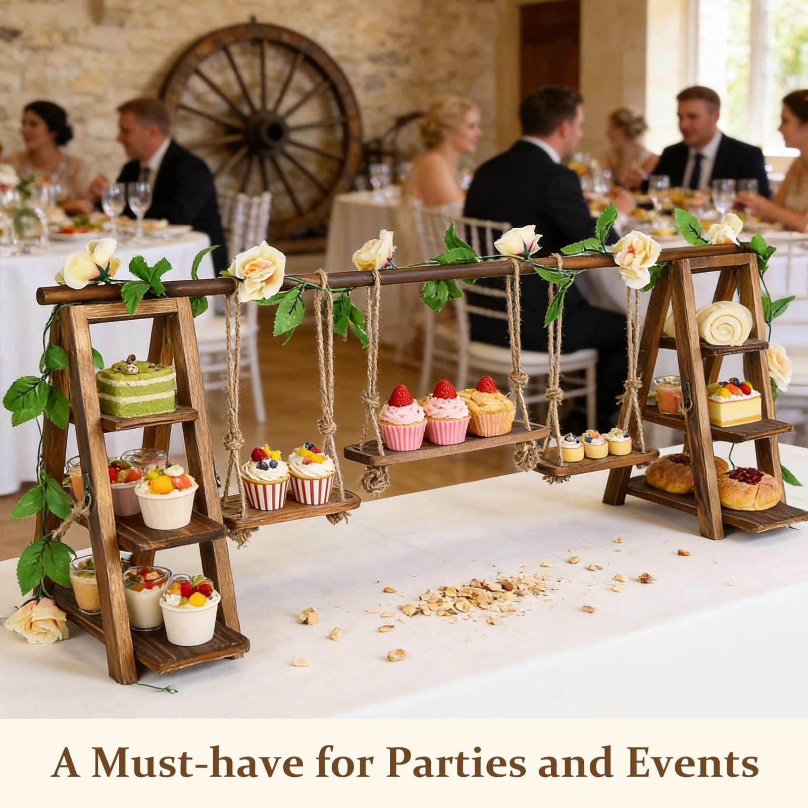 Holz Cupcake Ständer 3‑stufig, 121cm Großer Akazienholz Kuchenständer, Faltbarer Dessert Präsentierständer mit Schrägen Etagen für Geburtstag, Nachmittagstee, Hochzeit, Party, Café