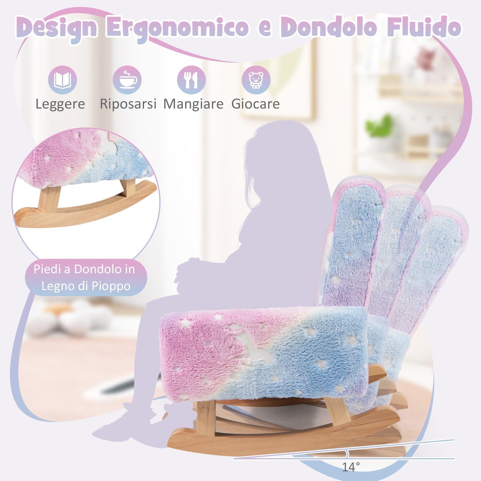 COSTWAY Sedia Dondolo per Bambini da 3 a 5 Anni, Poltrona in Flanella con Piedi a Dondolo in Legno, Motivi che si Illuminano al Buio,56 x 49 x 50 cm, Blu e Viola