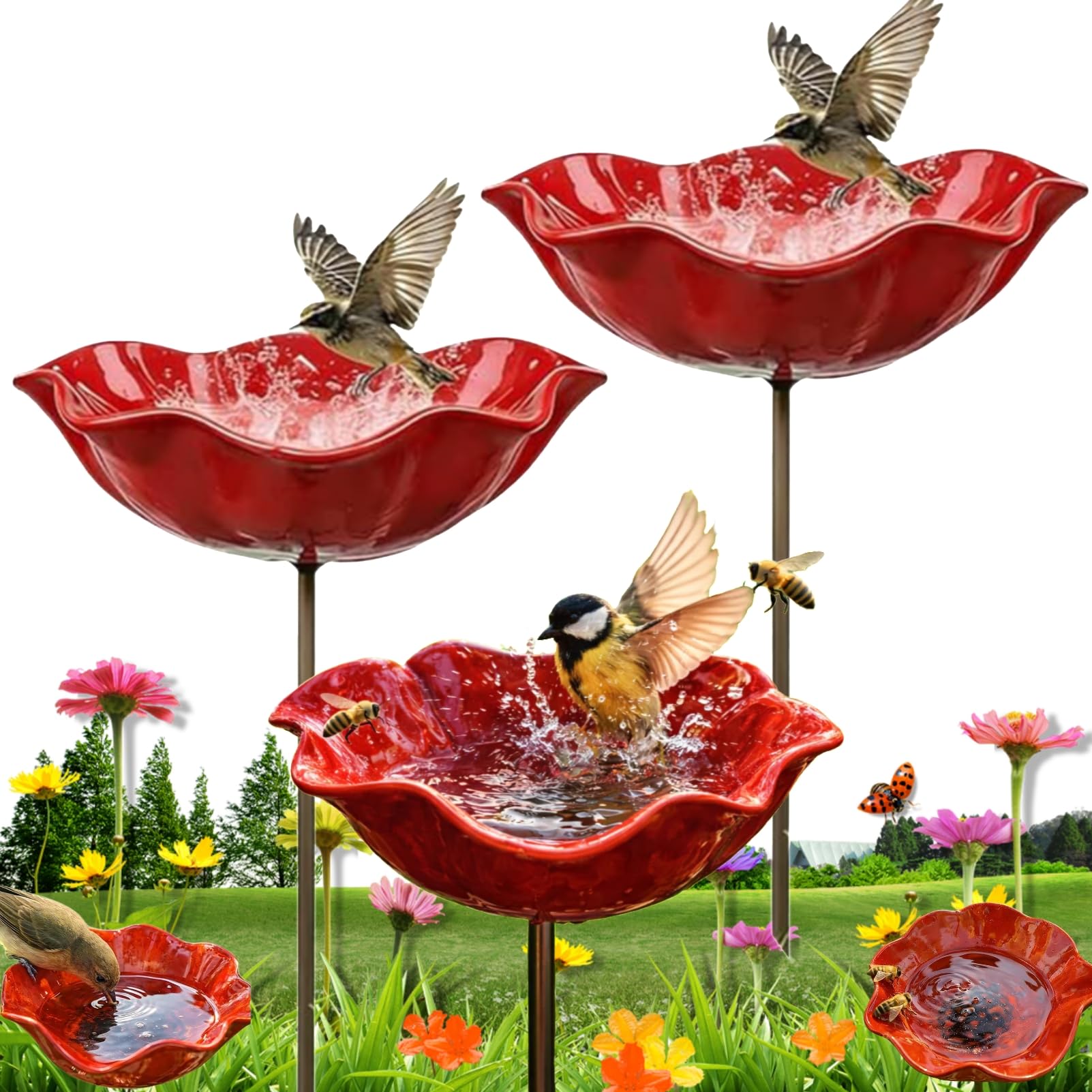 Blumen Gartenstecker Vogeltränke, Metall Blume Bienentränke Für Den Garten, Handmade Metal Flower Garden Stake Bird Bath, Insektentränke Gartens Für Bienens Schmetterlingstränke (3 Stück) - 1