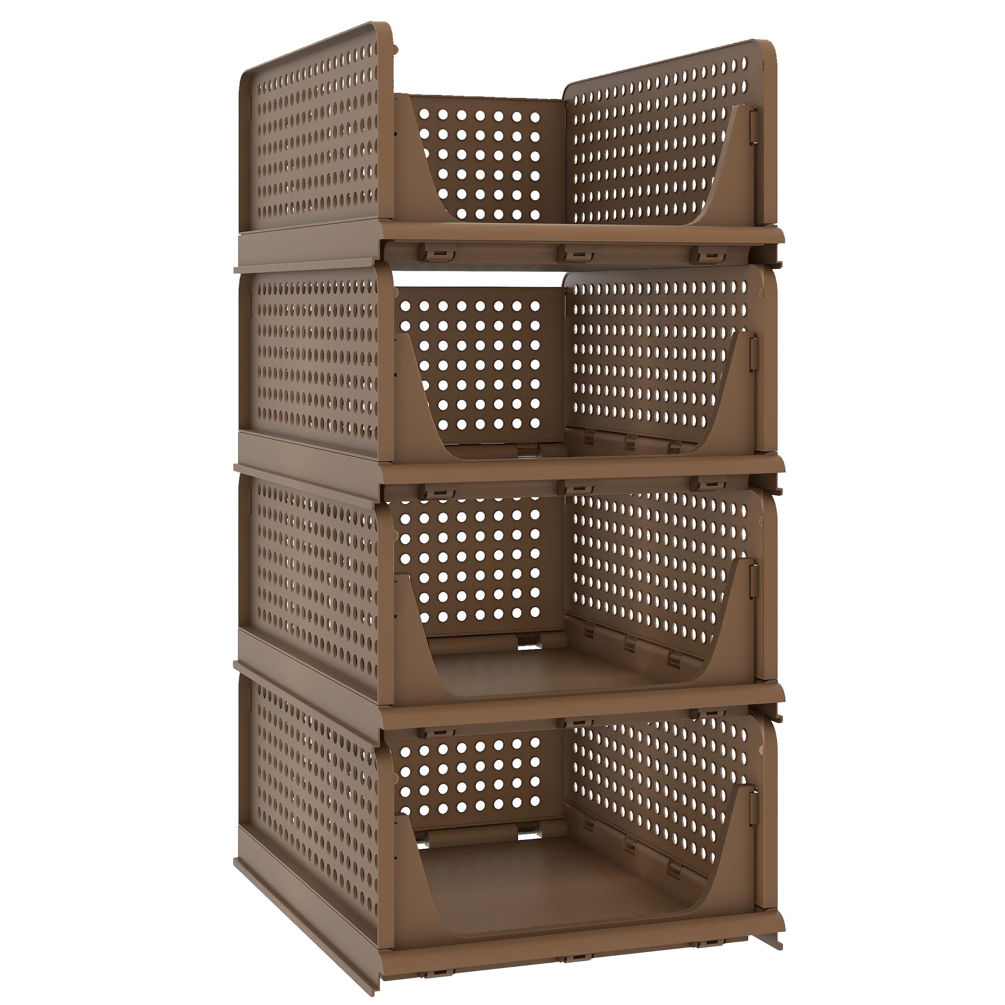 Pinkpum 4 Pack Folding Closet Organizers Storage Box, Stackable Plastic Drawer Basket for Clothing, Stackable Storage Bins Shelf Storage Container for Closet Wardrobe Bedroom Bathroom Office (Toffee)