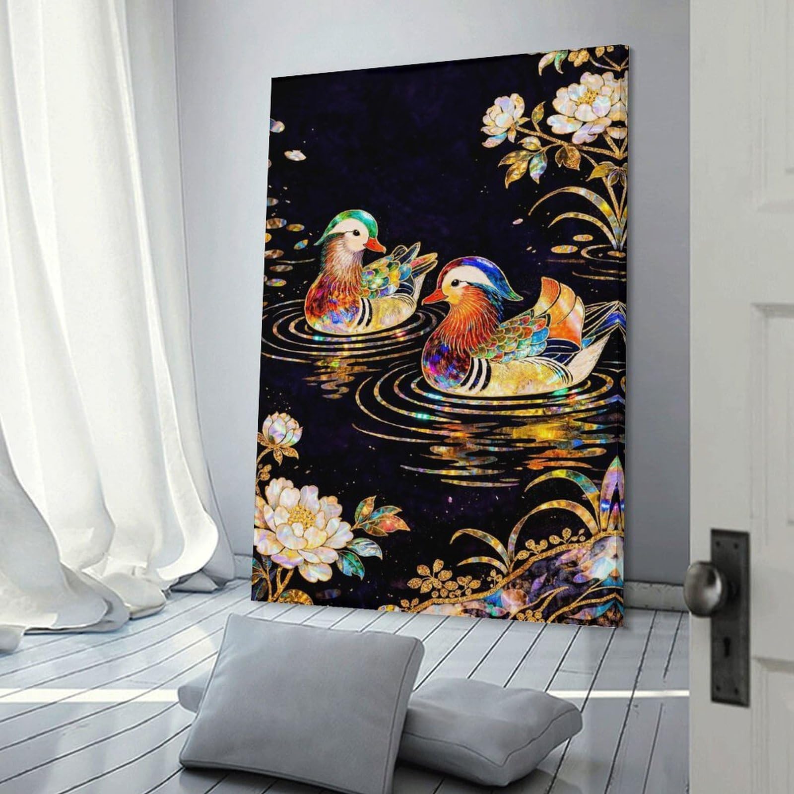 Junmoney Frame-Style-7 Mandarin Ducks And Flowers Wall Picture Print, 20X30inch(50X75cm), For New Home Styling, Lounge Or Bedroom, Home Artwork For Modern Interiors