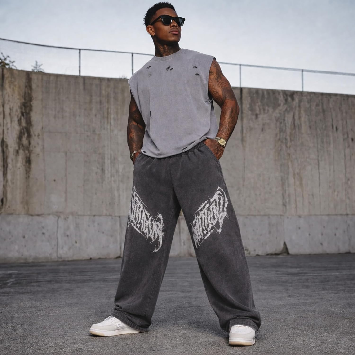 Men's Vintage Wash Graphic Sweatpants Baggy Straight Leg Joggers with Pockets Cotton Stretch Gym Streetwear Pants