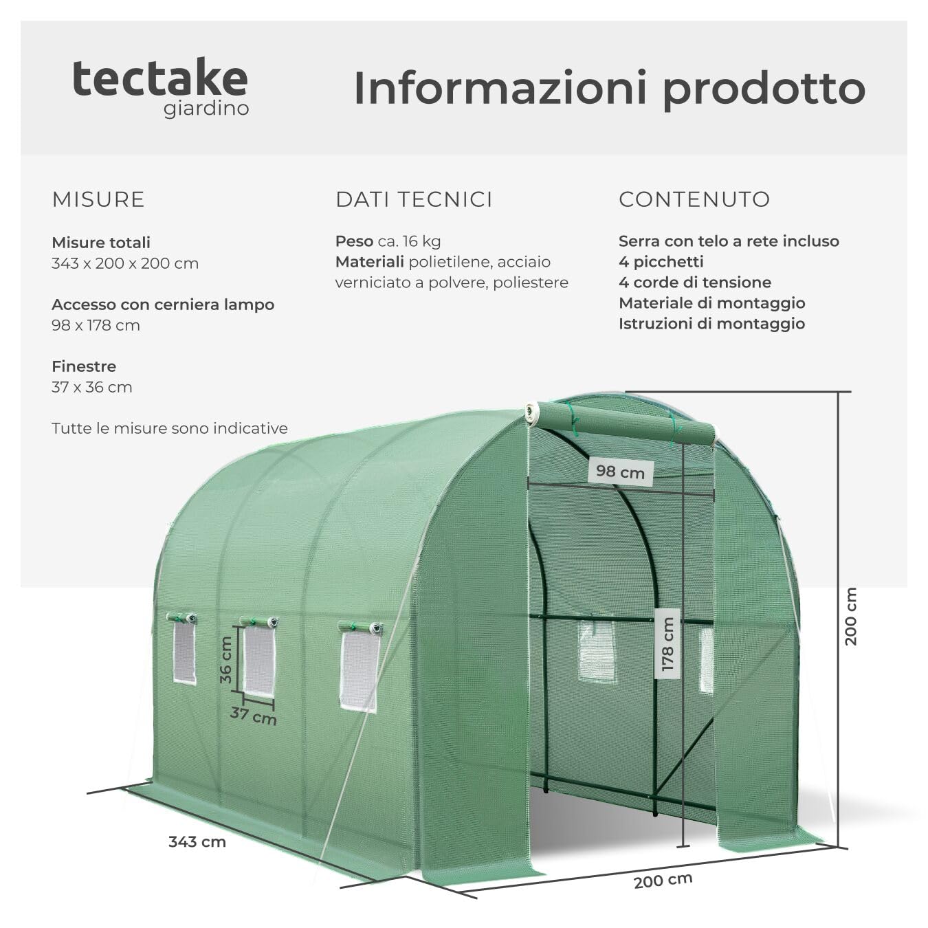 tectake® Serra da Giardino in Acciaio e PVC, Politunnel con 6 Finestre e Zanzariera, Casetta per Coltivazione Orto e Fiori, Serra per Piante, Resistente al Gelo - Verde- 343x200x200 cm - 7 m²
