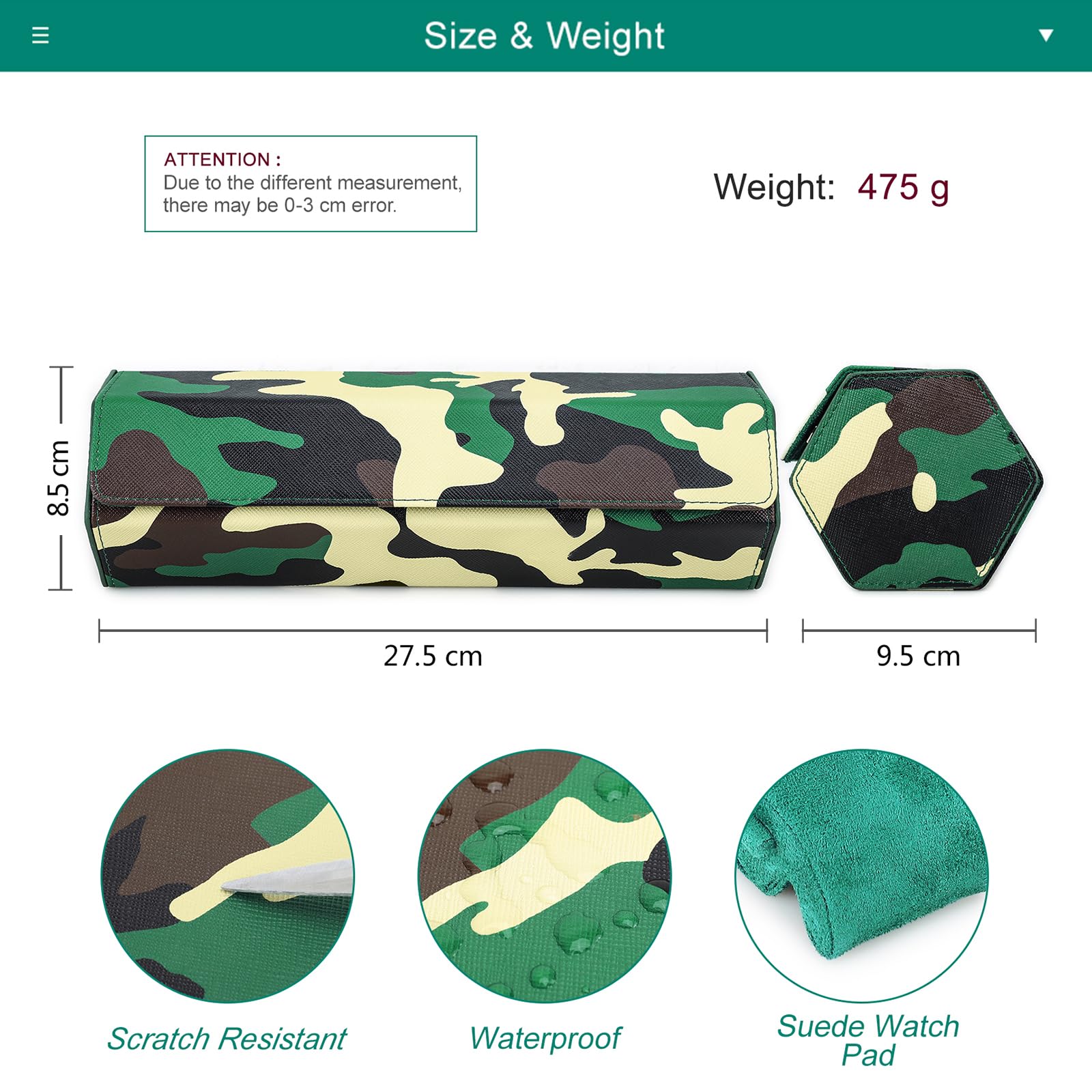 Caja para Relojes de Cuero Hexagonal Hiram, Estuche de Almacenamiento para 4 Relojes con Estampado de Camuflaje, Organizador de Relojes de Cuero antiarañazos Hecho a Mano.