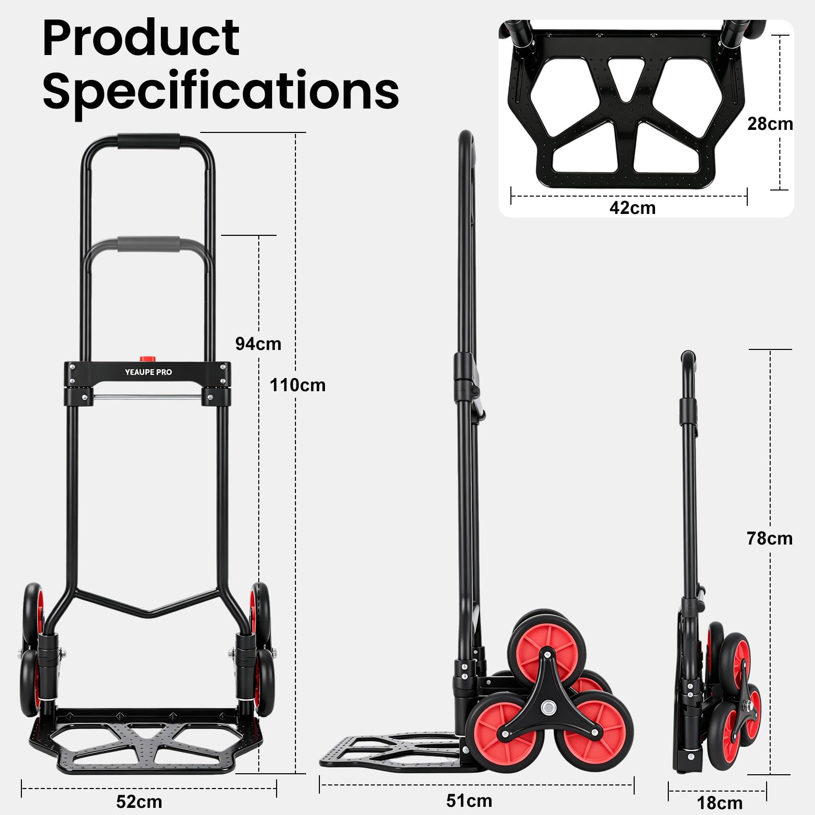 YEAUPE PRO Diable Pliable - Capacité de Charge de 70 kg - Poignée Réglable en Hauteur - avec 2 Cordes d'extension - Transport pour Monter Les escaliers - Noir - 3 Roues