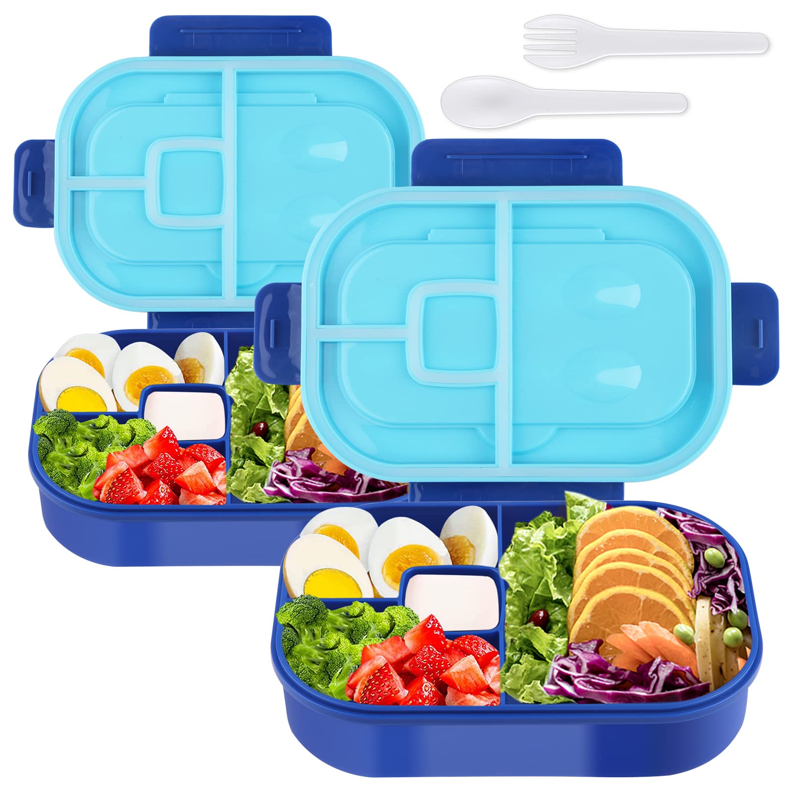Ziidoog Bento Box Kit, 1.3L Kids Lunch Box with Fork&Spoon, 4 Compartments Leak-Proof Bento Box for Kids, Bento Lunch Box for Kids Adults, New Designed for 5 Years Old+ Kids, Blue
