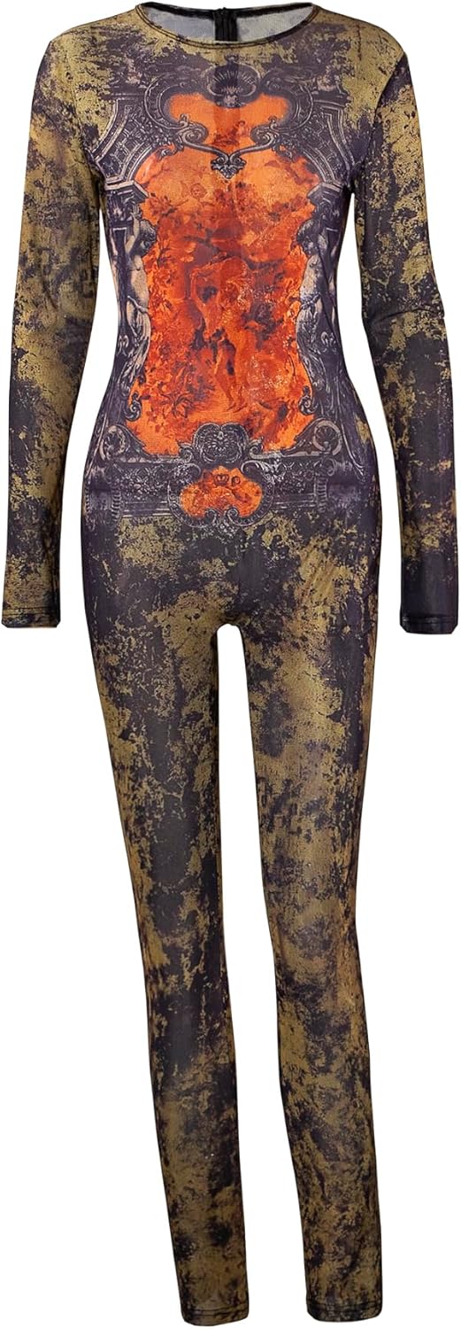 Women Sexy See Through Mesh Jumpsuit Long Sleeve Digital Print Bodycon Party Club Rompers - Image 4