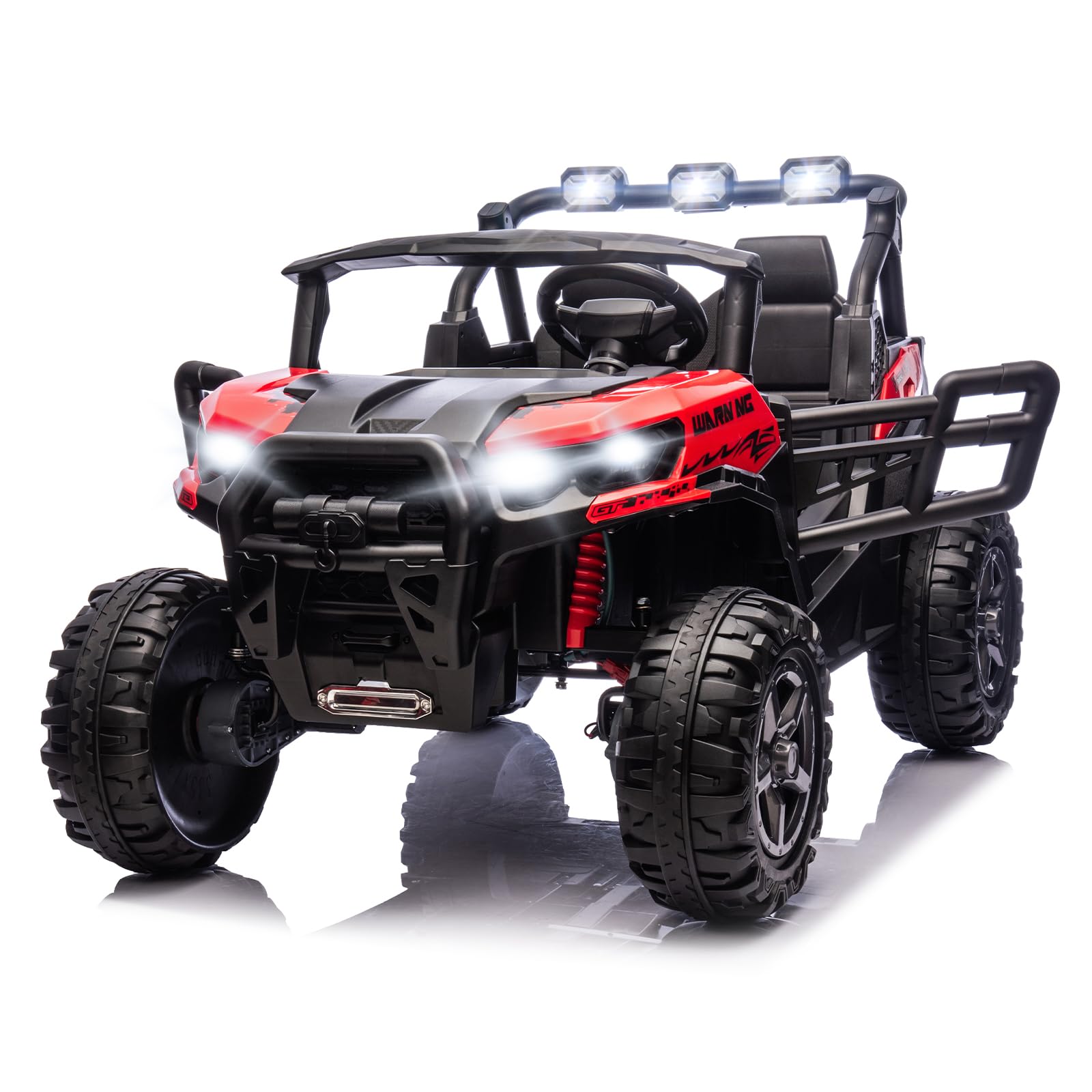 JOYMOR 2-Seater 24V Ride On UTV Truck with Remote Control, 3 Speeds Electric Car with Spring Suspension LED Music, 4 Motors Power Wheel for Kids Ages 3-8, 135 lbs Weight Capacity (Red)