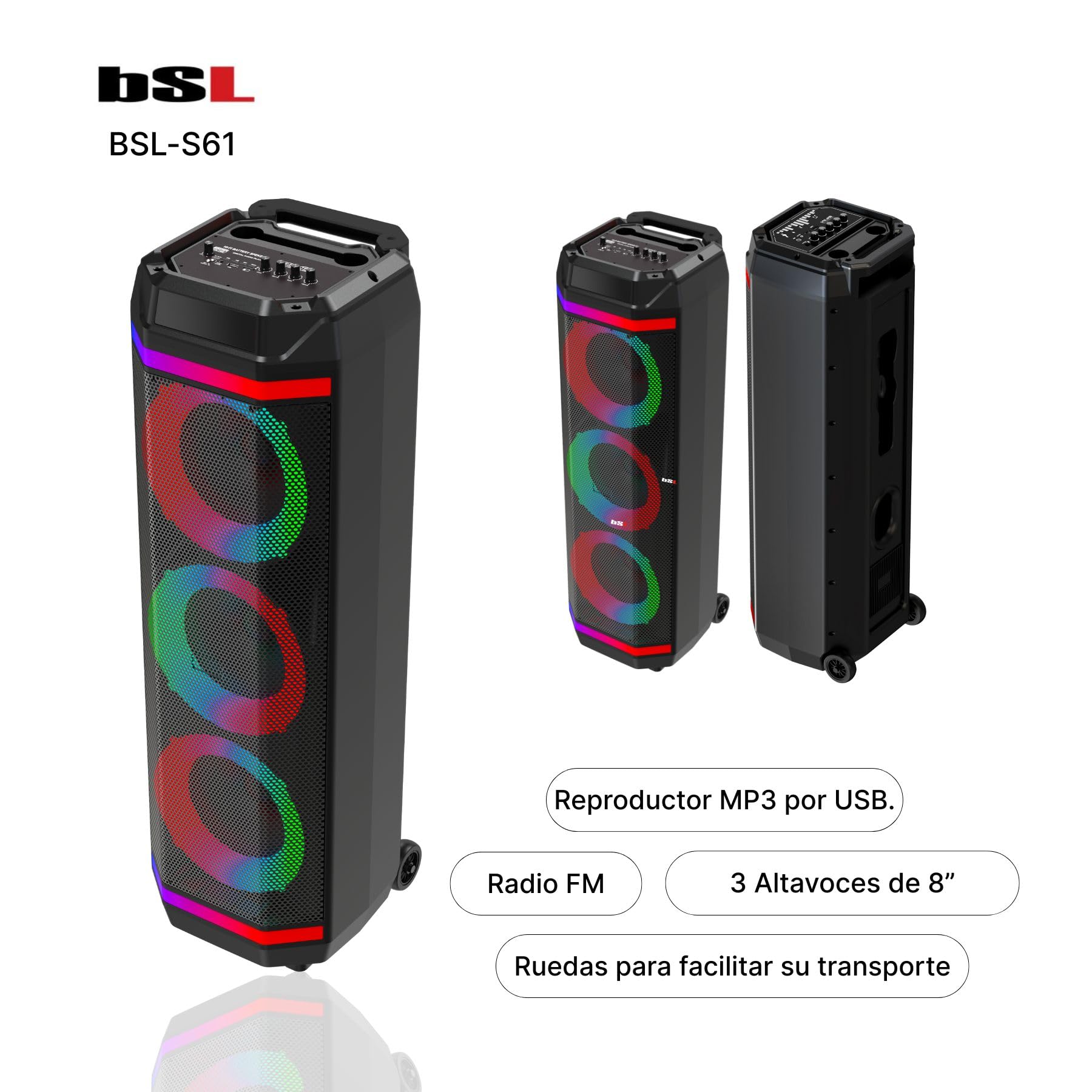 Altavoz Bluetooth BSL-S61 con iluminación en los Altavoces |3 Altavoces de 8 Pulgadas | 50W | Incluye Micrófono de Regalo | Batería de 3600 mAh | Radio FM y Reproductor MP3 vía USB | Carga USB-C