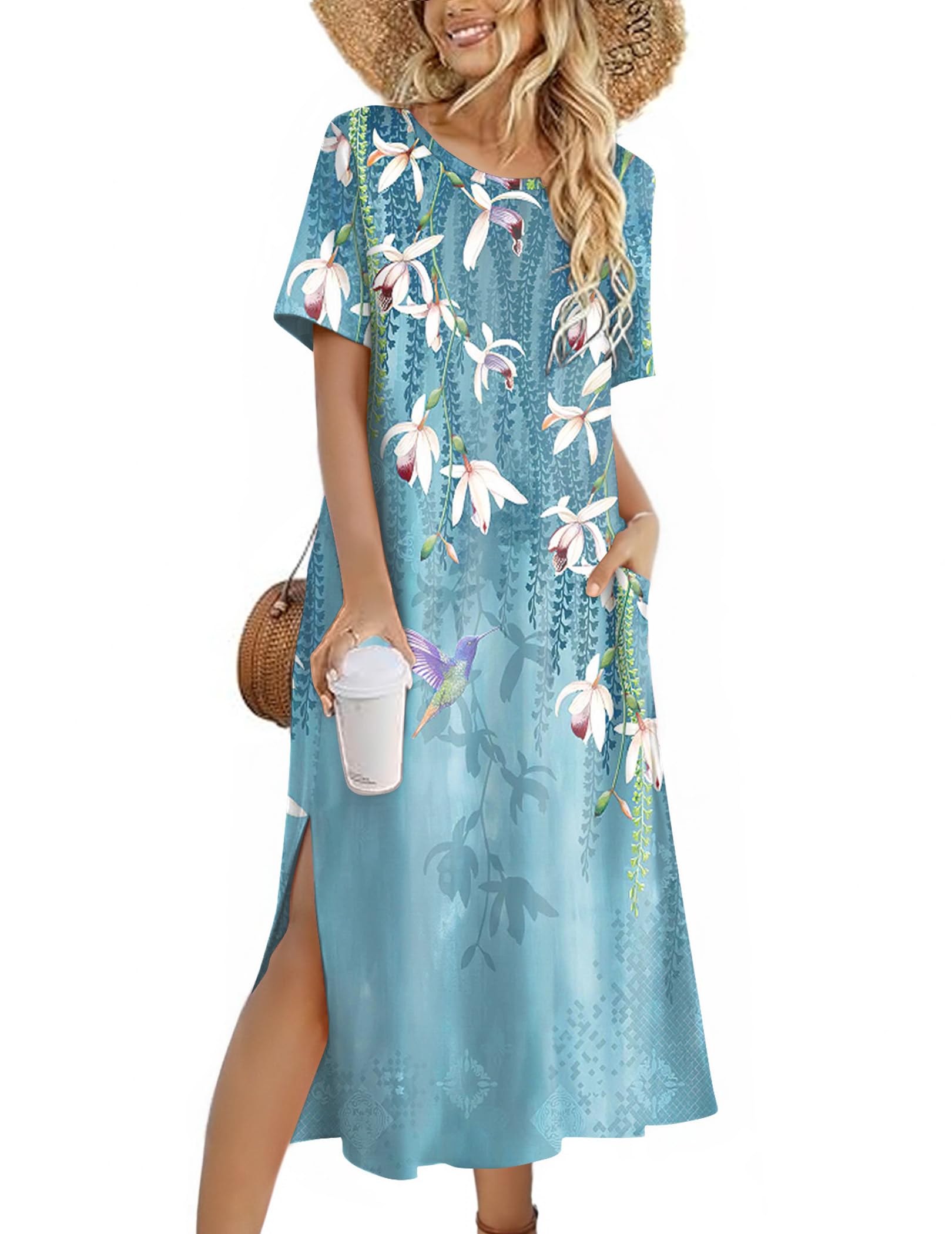 Zeagoo Women Floral Summer Dress Casual Beach Dress Printed T Shirt Dress Split Long Dress Travel 2025 Vacation Dress