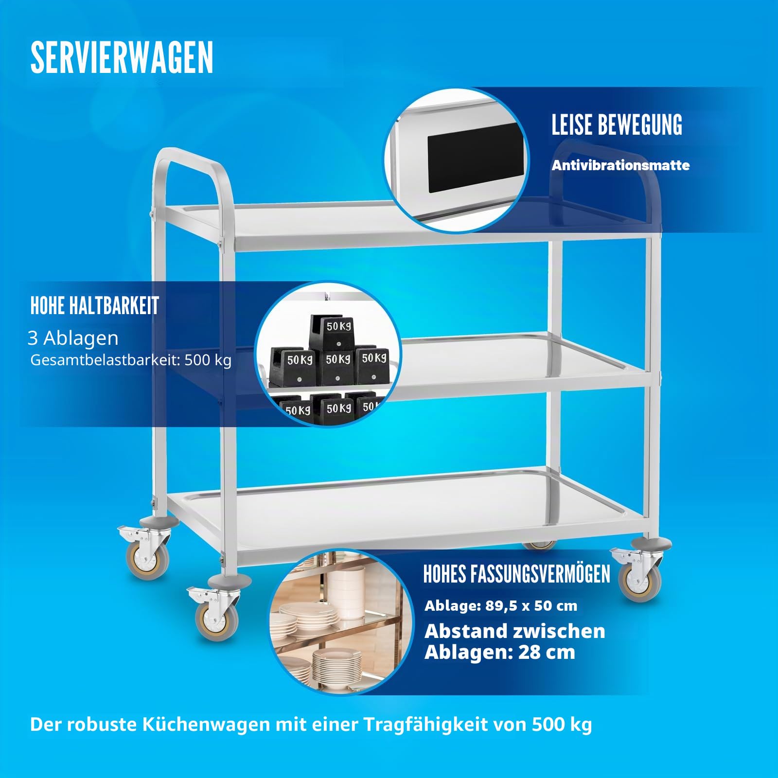 Royal Catering Servierwagen mit Rollen, 3 Tabletts RCSW 3 (101 x 55 x 96,5 cm, Tragkraft 480 kg, Dicke der Regale: 3 cm)